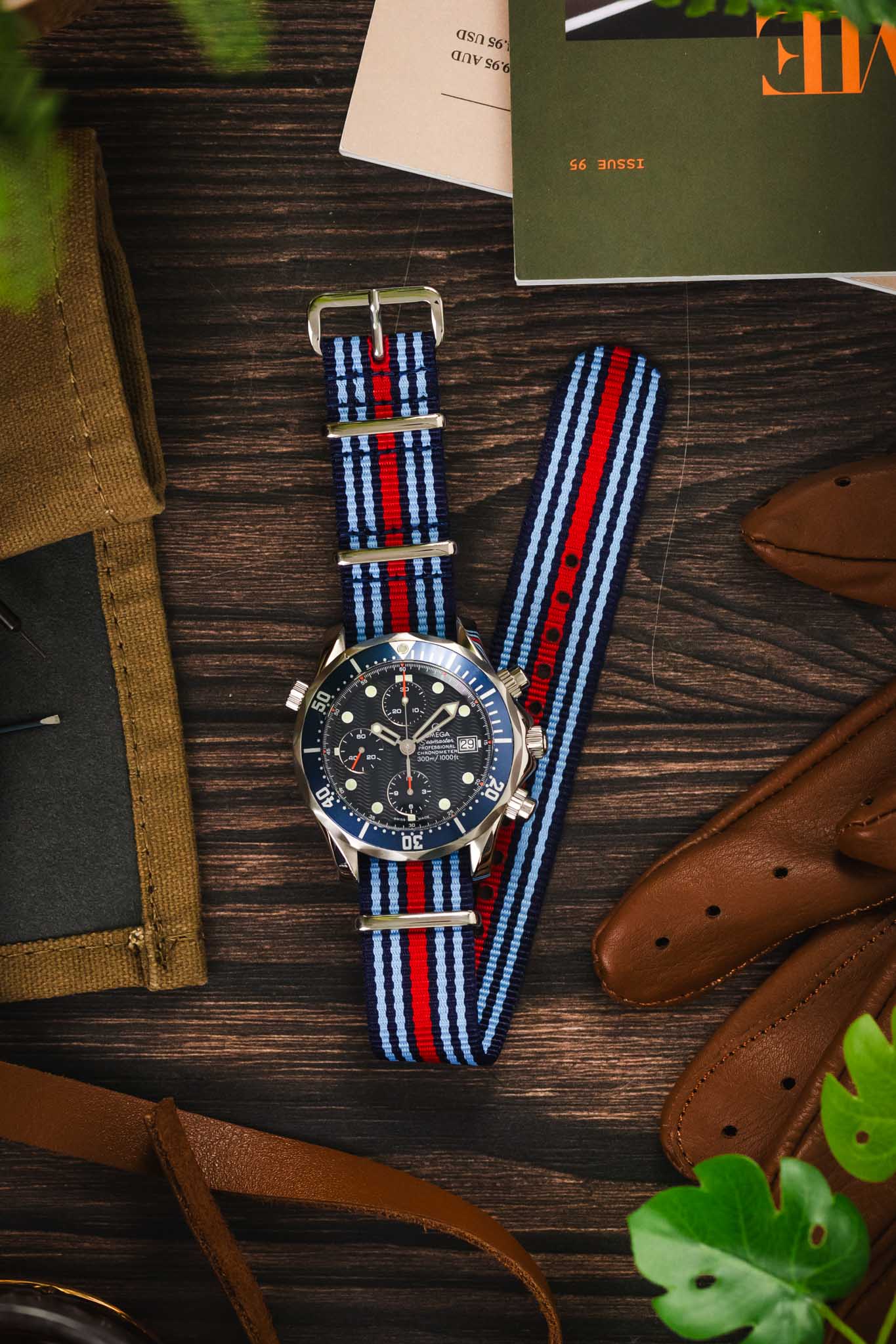 Nylon Watch Strap in BLUE / RED Motorsport Stripes with Polished Buckle & Keepers - Image 6