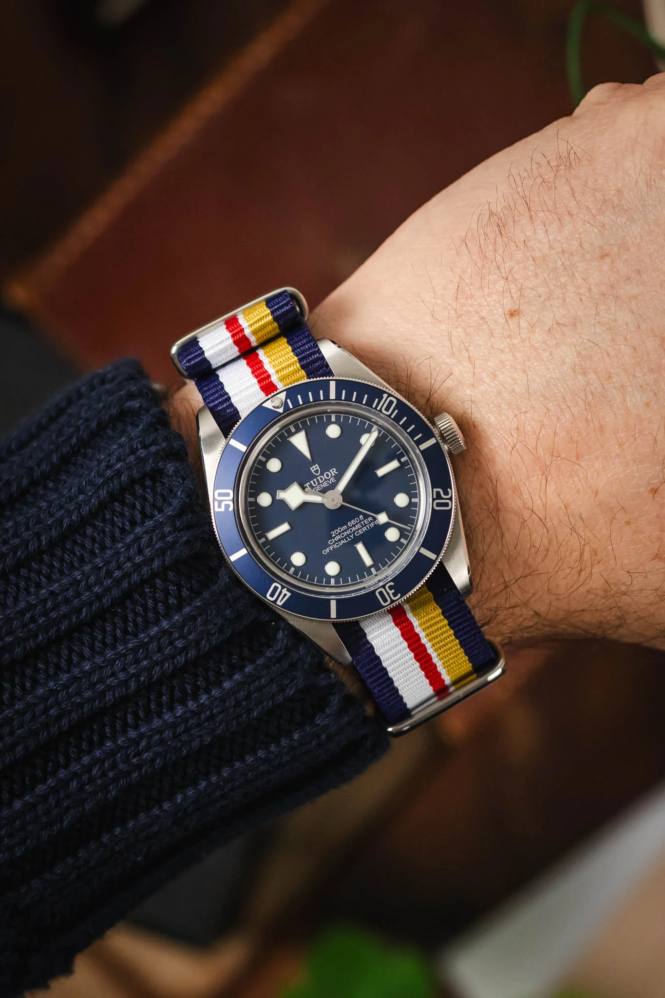 Nylon Watch Strap in BLUE / WHITE / RED / YELLOW Motorsport Stripes with Polished Buckle & Keepers - Image 2