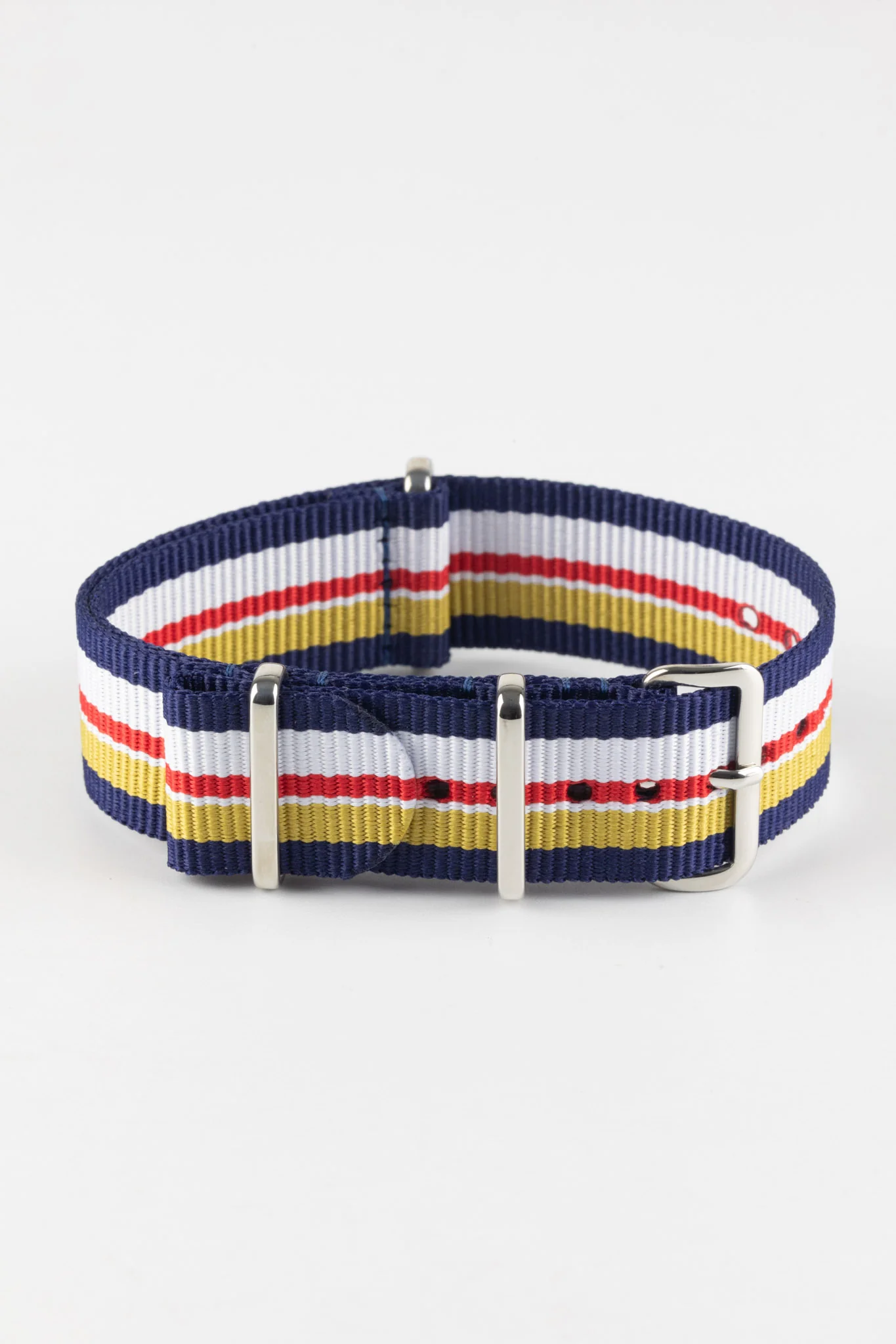 Nylon Watch Strap in BLUE / WHITE / RED / YELLOW Motorsport Stripes with Polished Buckle & Keepers - Image 3