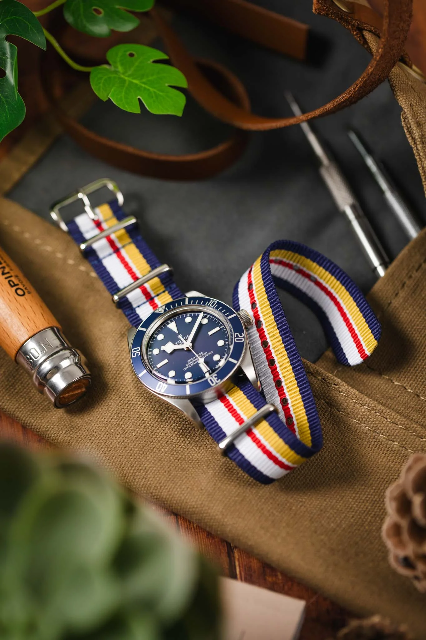 Nylon Watch Strap in BLUE / WHITE / RED / YELLOW Motorsport Stripes with Polished Buckle & Keepers - Image 4