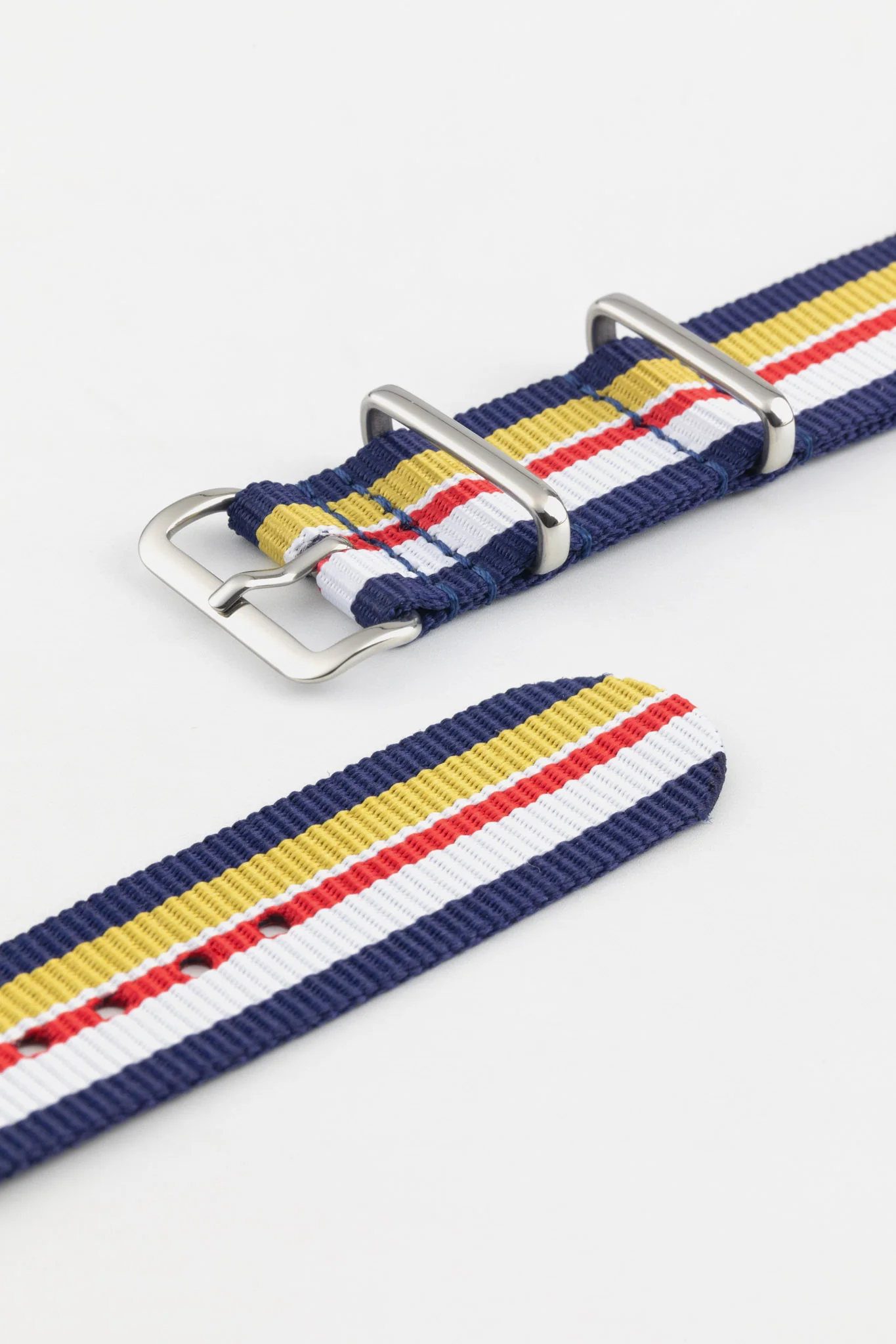Nylon Watch Strap in BLUE / WHITE / RED / YELLOW Motorsport Stripes with Polished Buckle & Keepers - Image 5