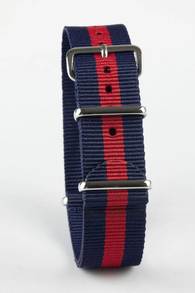 Nylon Watch Strap in BLUE with Wide RED Stripe - Polished Buckle & Keepers - Image 3