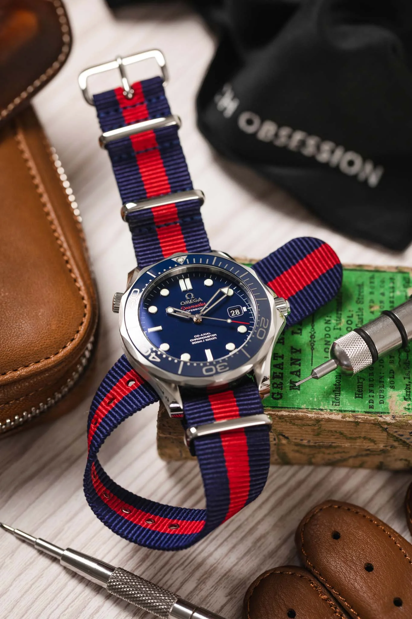 Nylon Watch Strap in BLUE with Wide RED Stripe - Polished Buckle & Keepers - Image 4