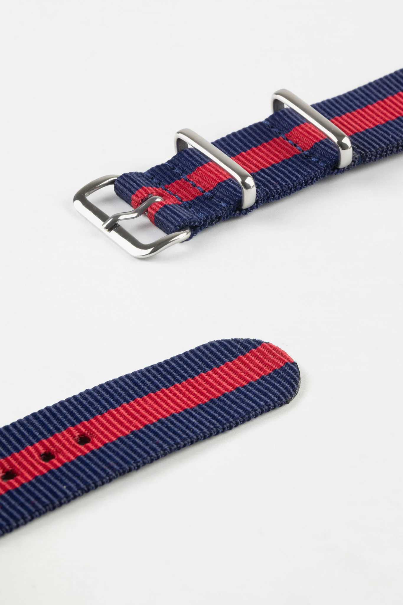 Nylon Watch Strap in BLUE with Wide RED Stripe - Polished Buckle & Keepers - Image 5