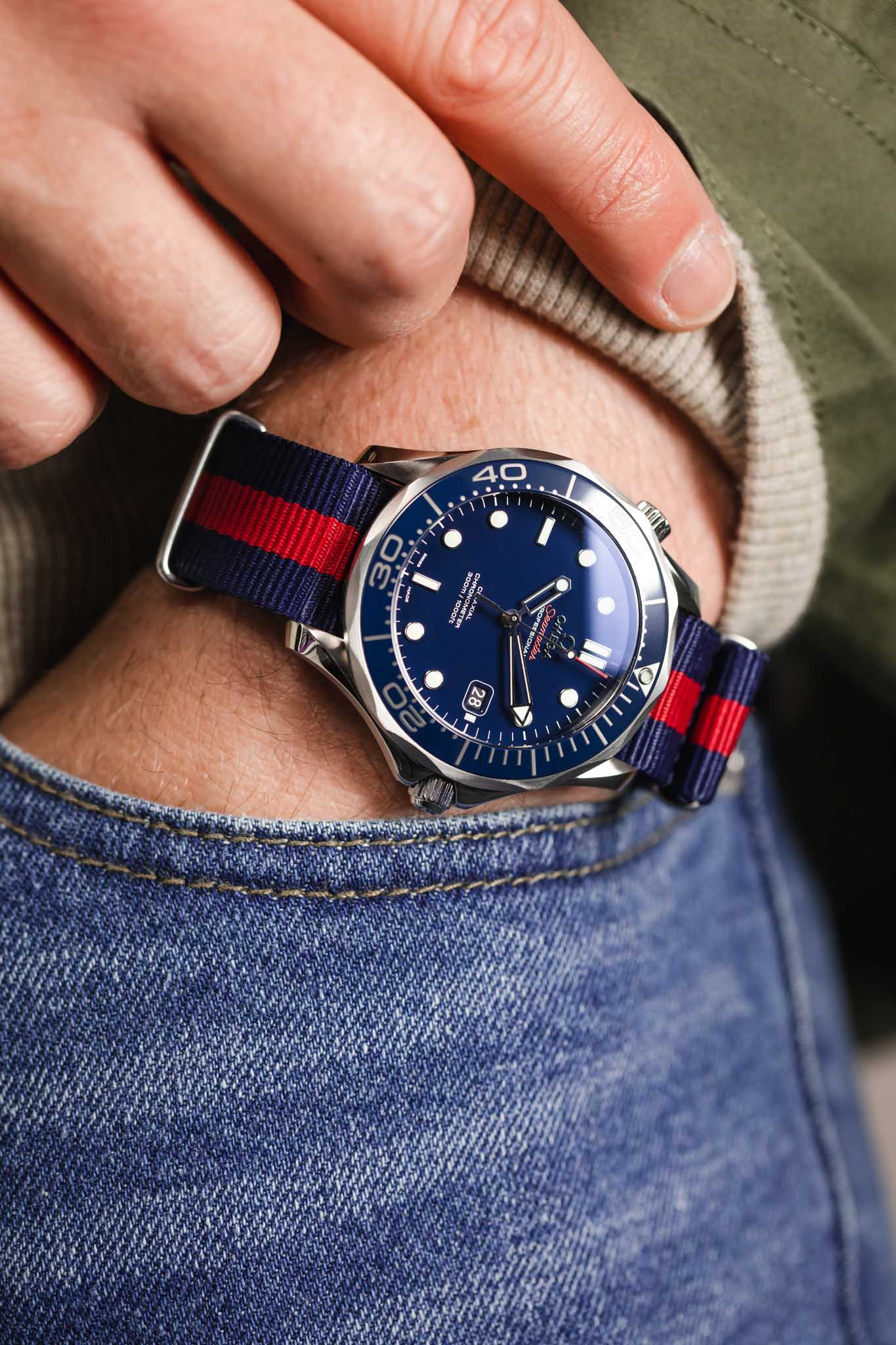 Nylon Watch Strap in BLUE with Wide RED Stripe - Polished Buckle & Keepers - Image 6