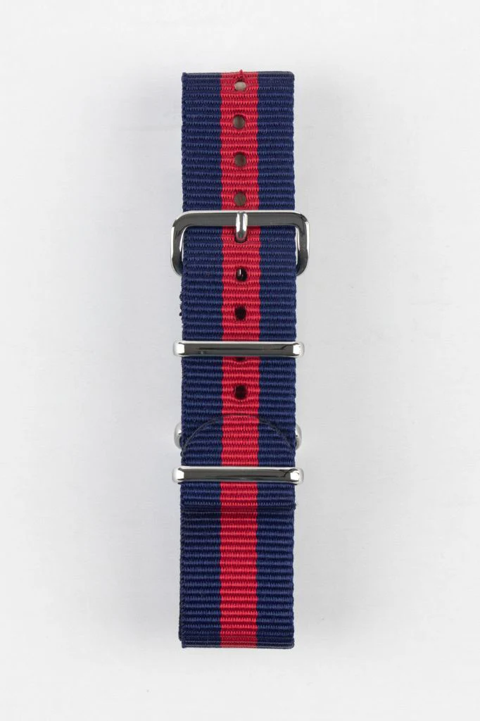 Nylon Watch Strap in BLUE with Wide RED Stripe - Polished Buckle & Keepers - Image 7