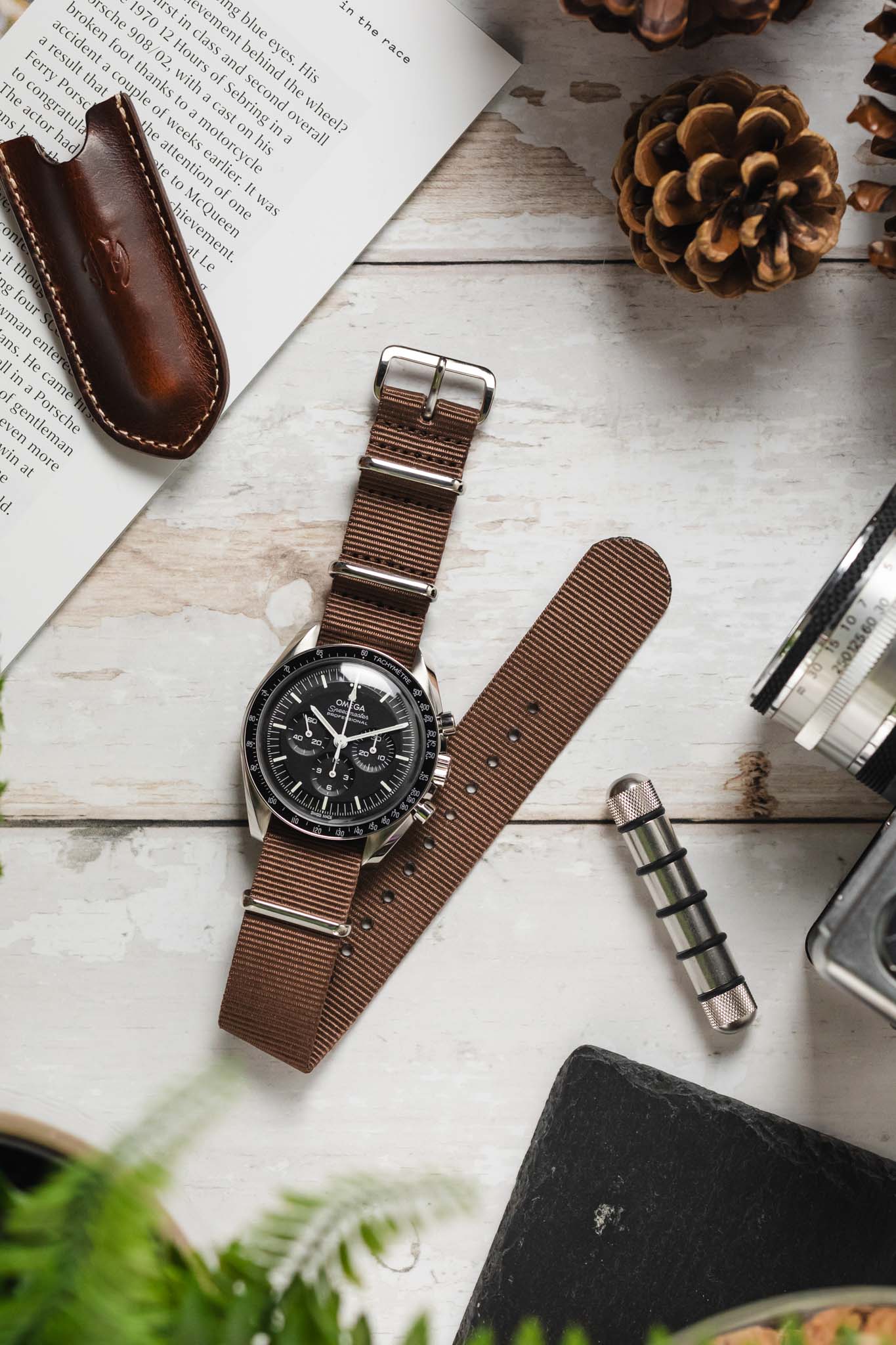 Nylon Watch Strap in COFFEE BROWN with Polished Buckle and Keepers - Image 6
