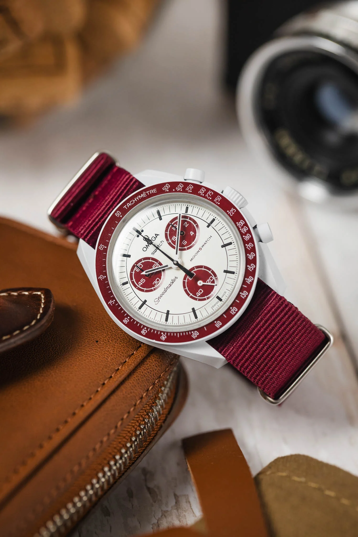 Nylon Watch Strap in BURGUNDY with Polished Buckle and Keepers - Image 4