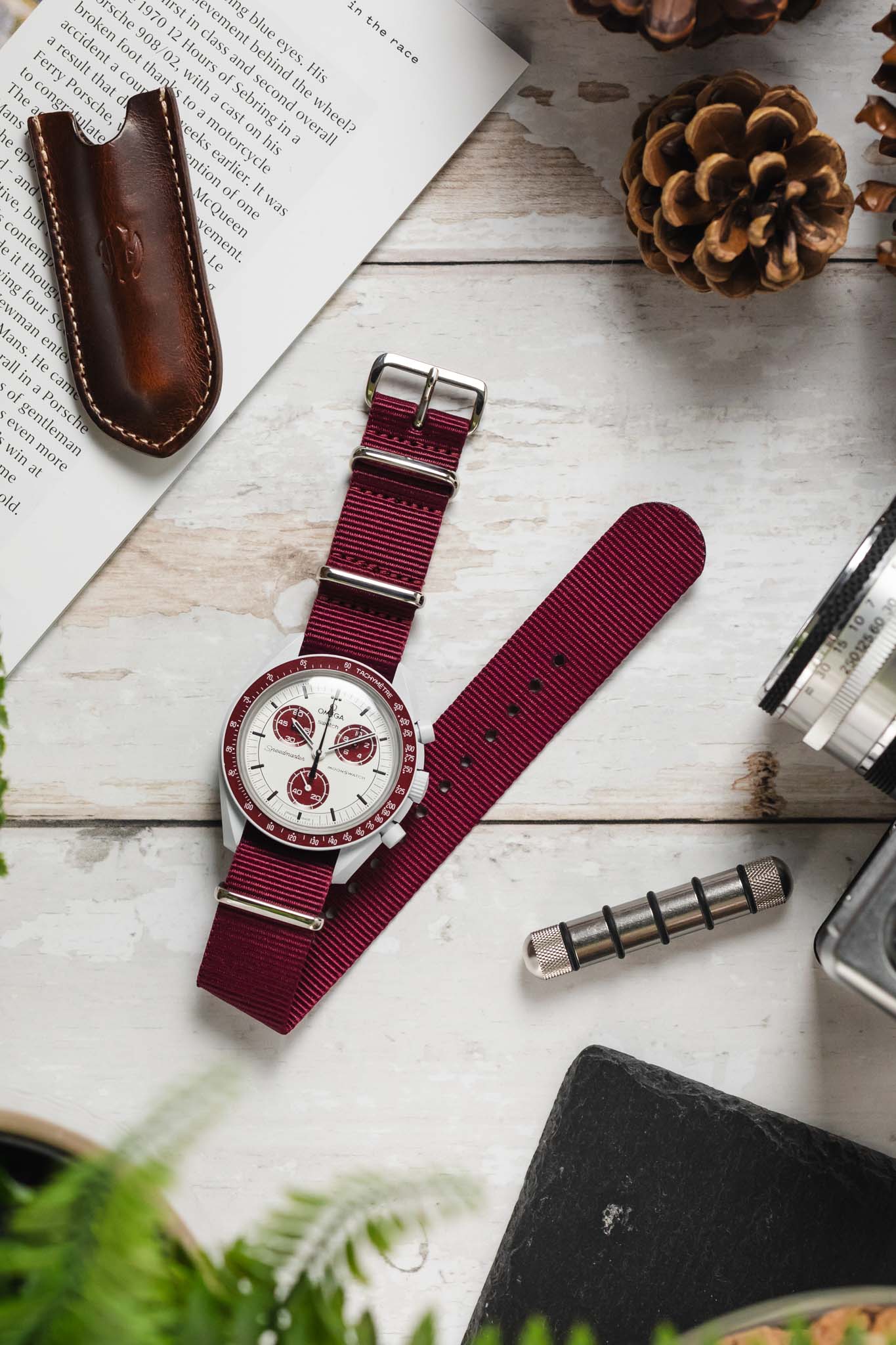Nylon Watch Strap in BURGUNDY with Polished Buckle and Keepers - Image 6
