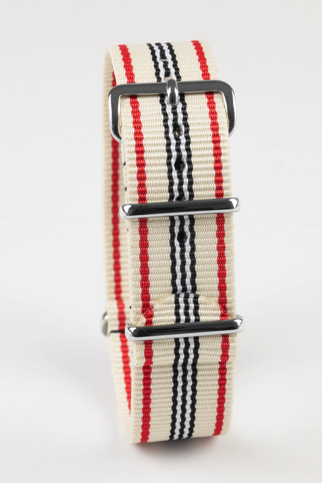 Nylon Watch Strap in CREAM/RED/WHITE with Polished Buckle and Keepers - Image 3