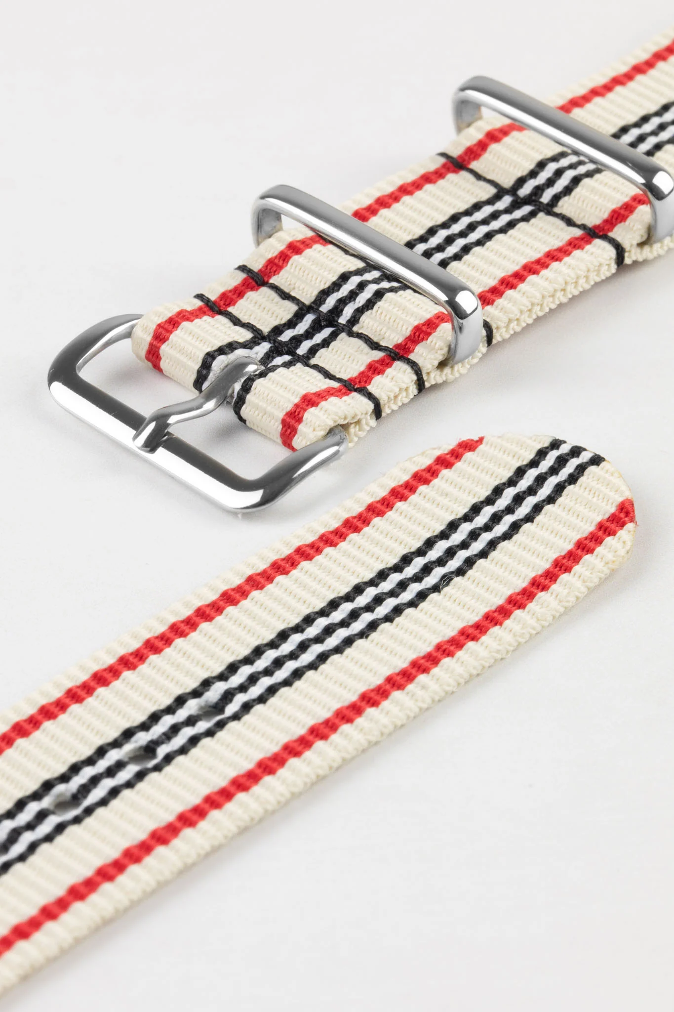 Nylon Watch Strap in CREAM/RED/WHITE with Polished Buckle and Keepers - Image 5