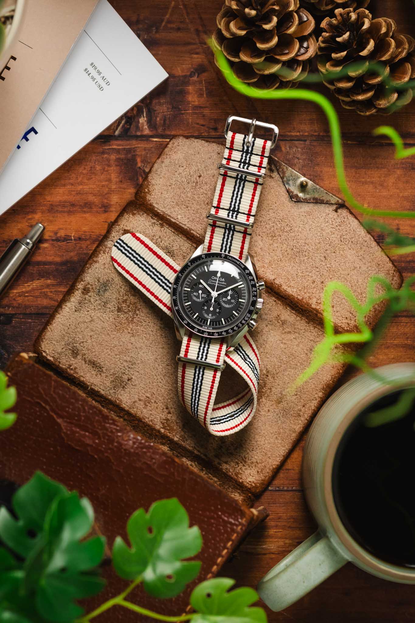 Nylon Watch Strap in CREAM/RED/WHITE with Polished Buckle and Keepers - Image 8