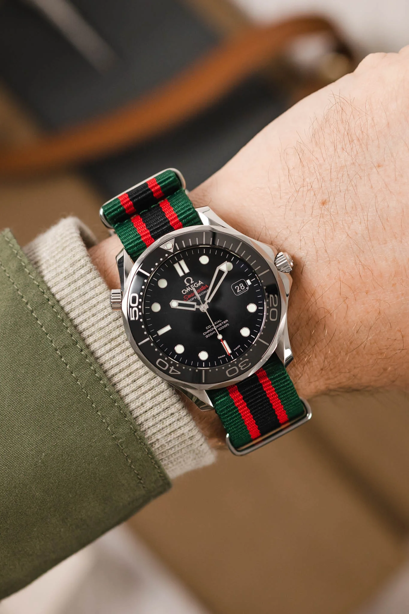 Nylon Watch Strap in GREEN / RED / BLACK Stripes with Polished Buckle & Keepers - Image 2