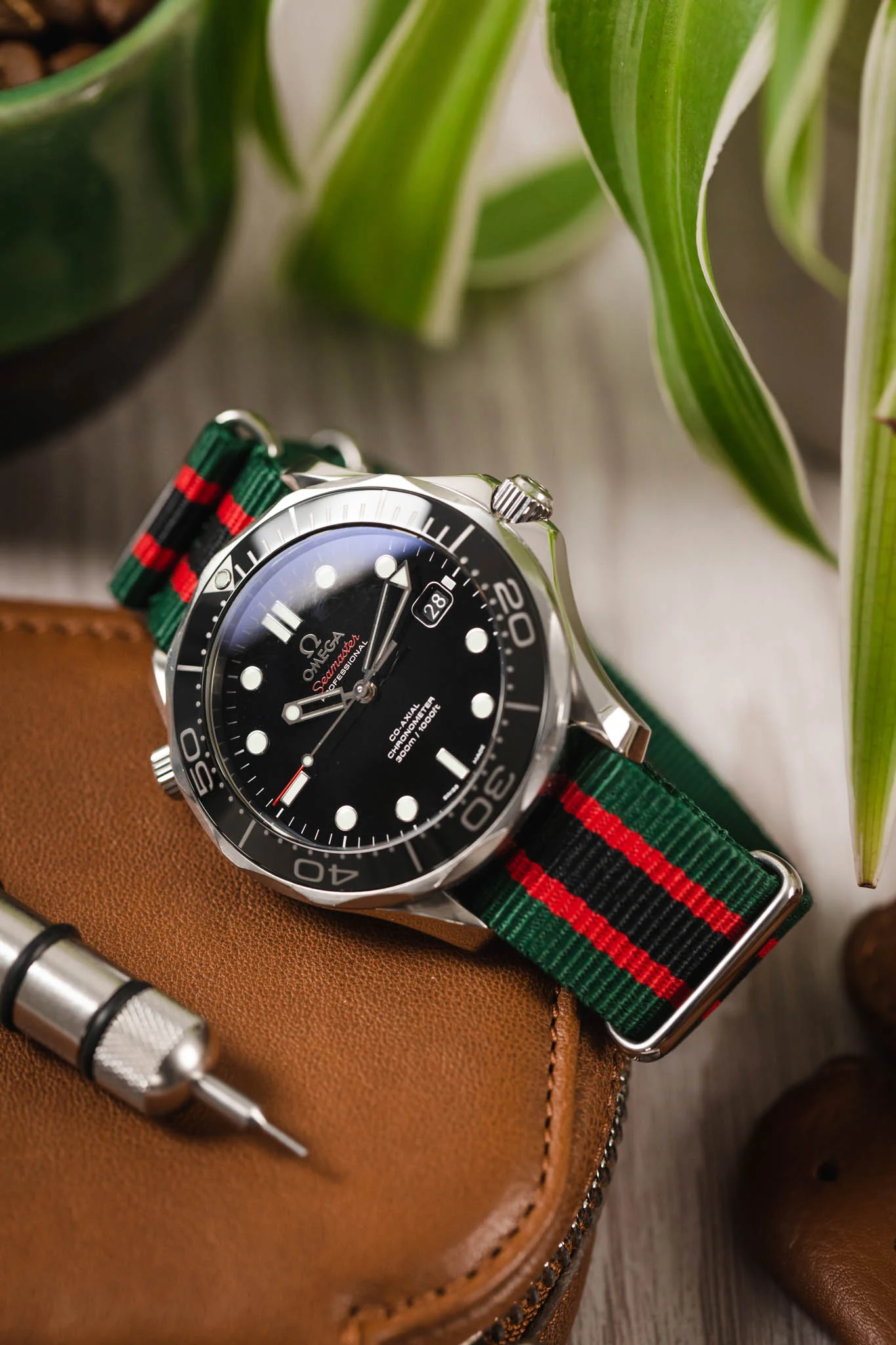 Nylon Watch Strap in GREEN / RED / BLACK Stripes with Polished Buckle & Keepers - Image 4