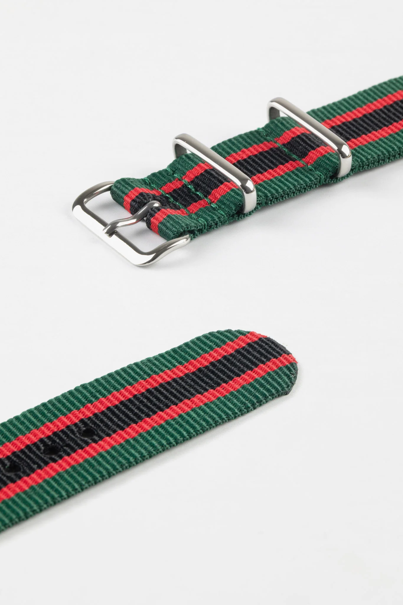 Nylon Watch Strap in GREEN / RED / BLACK Stripes with Polished Buckle & Keepers - Image 5