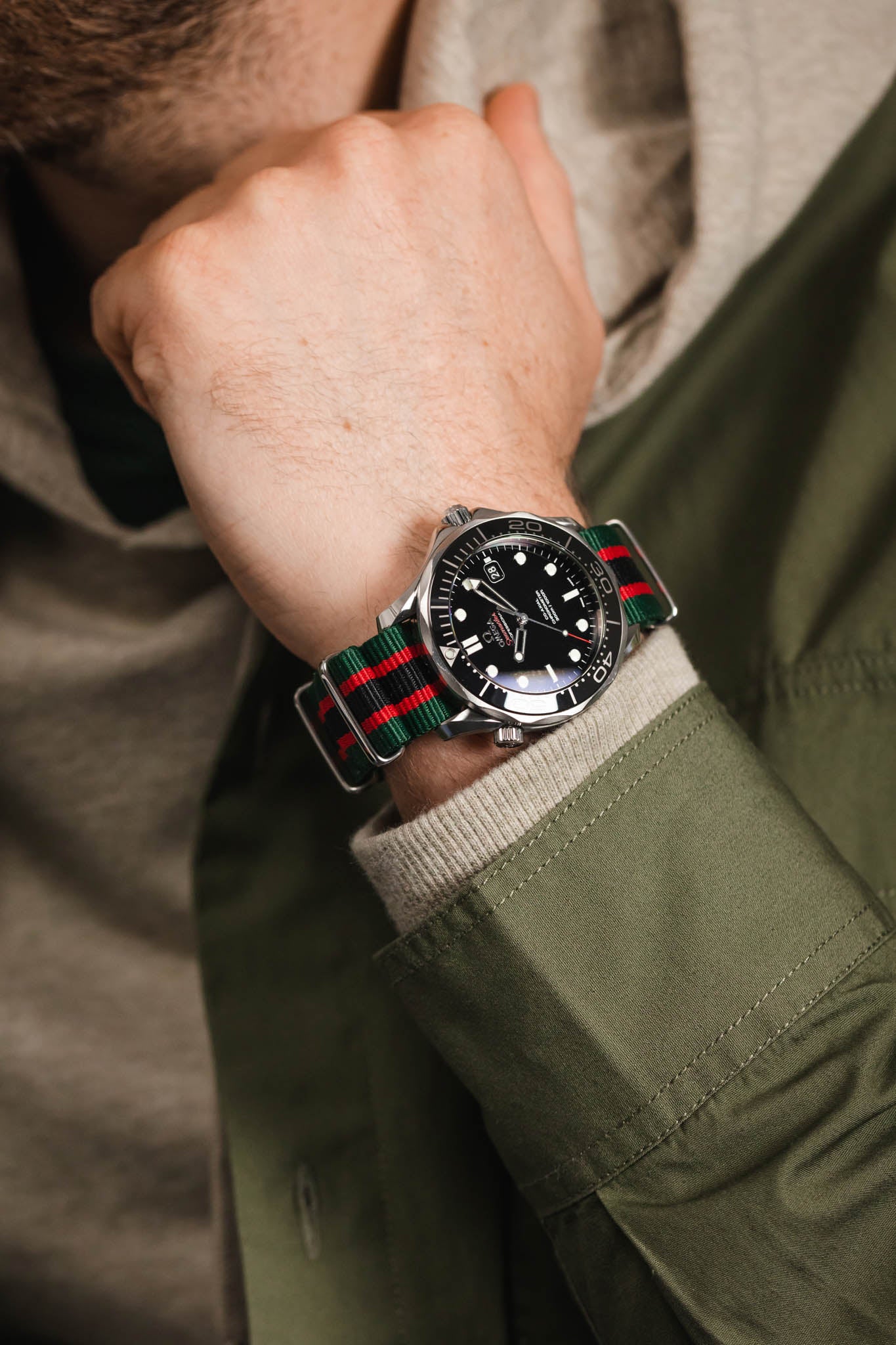 Nylon Watch Strap in GREEN / RED / BLACK Stripes with Polished Buckle & Keepers - Image 6