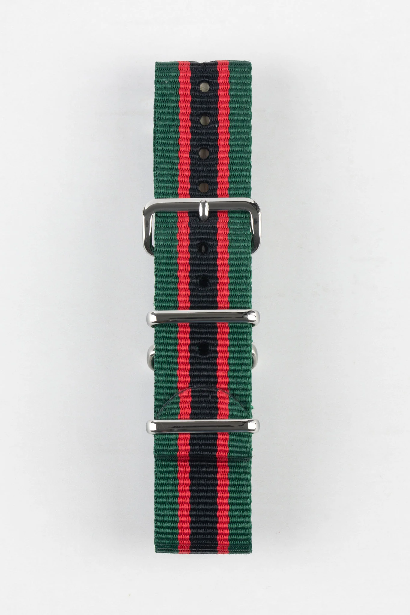 Nylon Watch Strap in GREEN / RED / BLACK Stripes with Polished Buckle & Keepers - Image 7