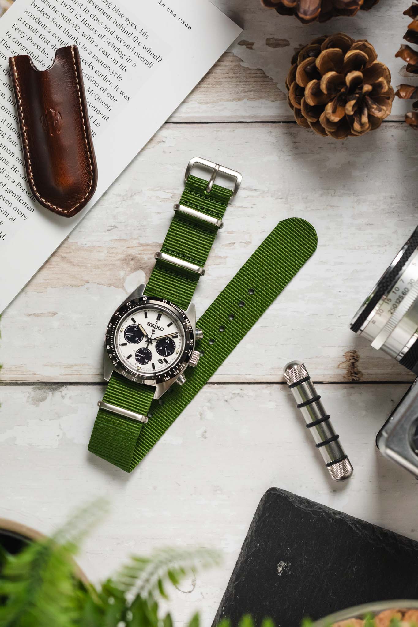 Nylon Watch Strap in GREEN with Brushed Buckle and Keepers - Image 6