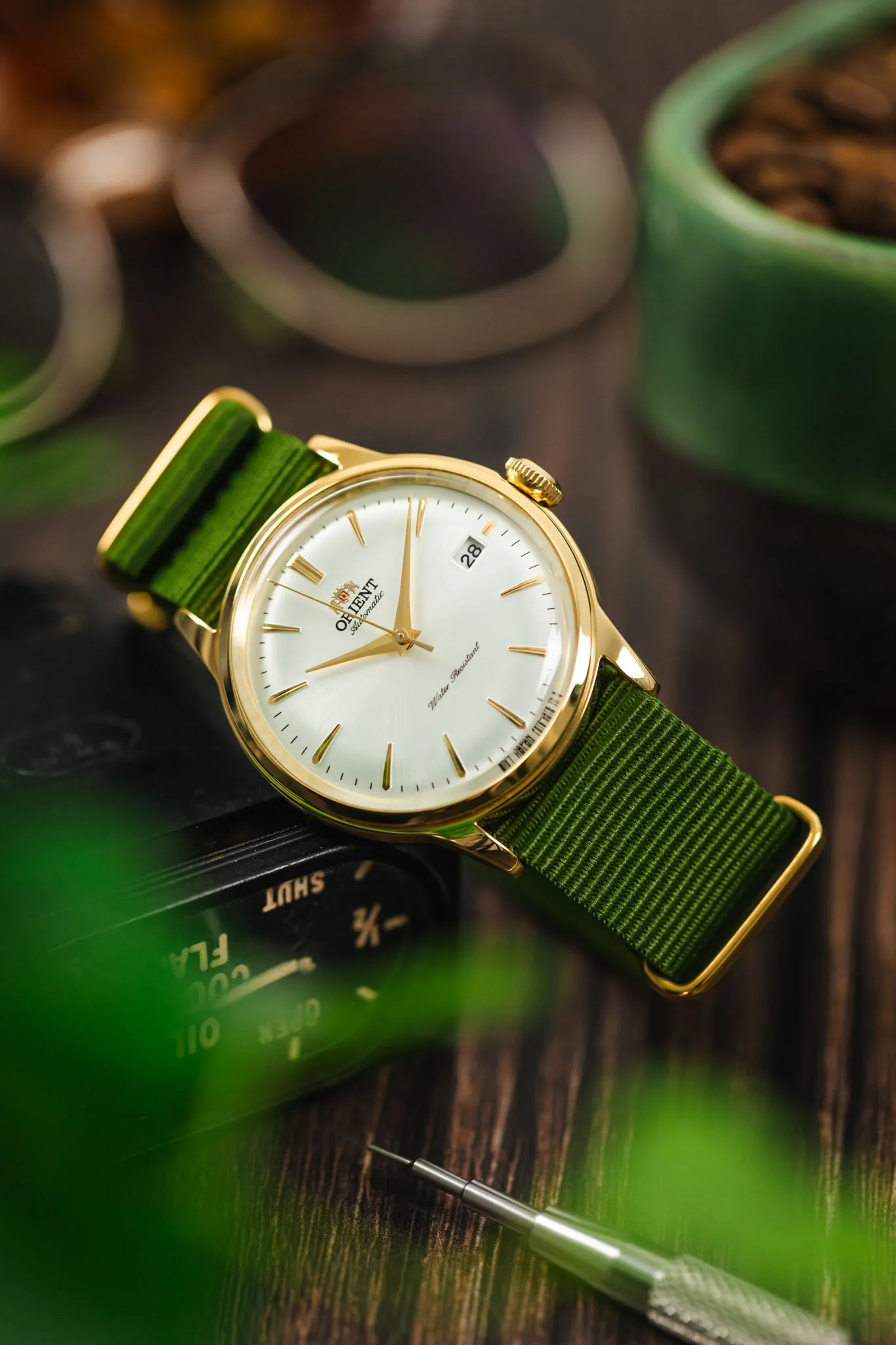 Nylon Watch Strap in GREEN with Gold Buckle and Keepers - Image 4