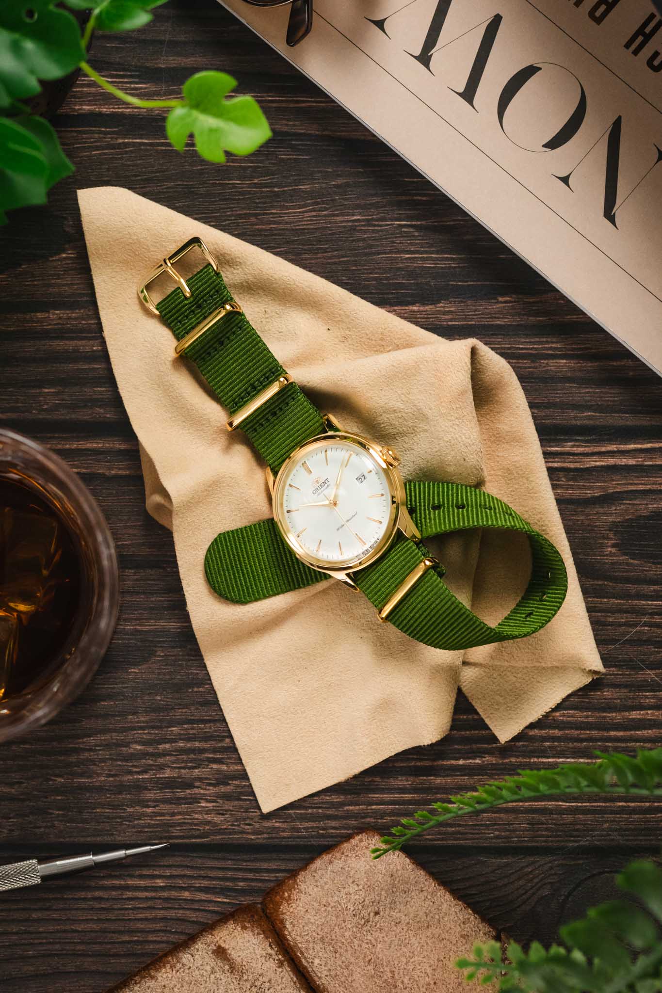Nylon Watch Strap in GREEN with Gold Buckle and Keepers - Image 6