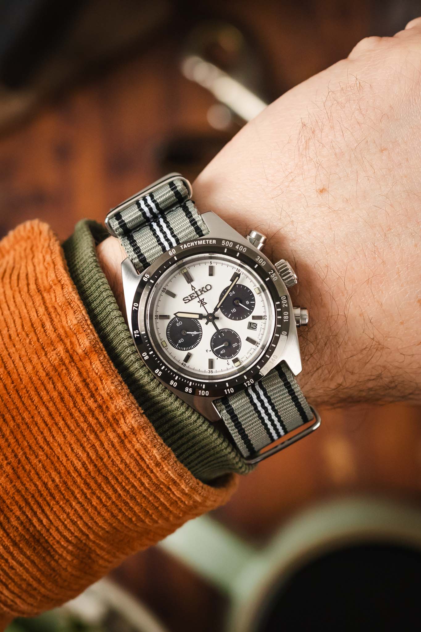 Nylon Watch Strap in GREY/BLACK/WHITE with Polished Buckle and Keepers - Image 2