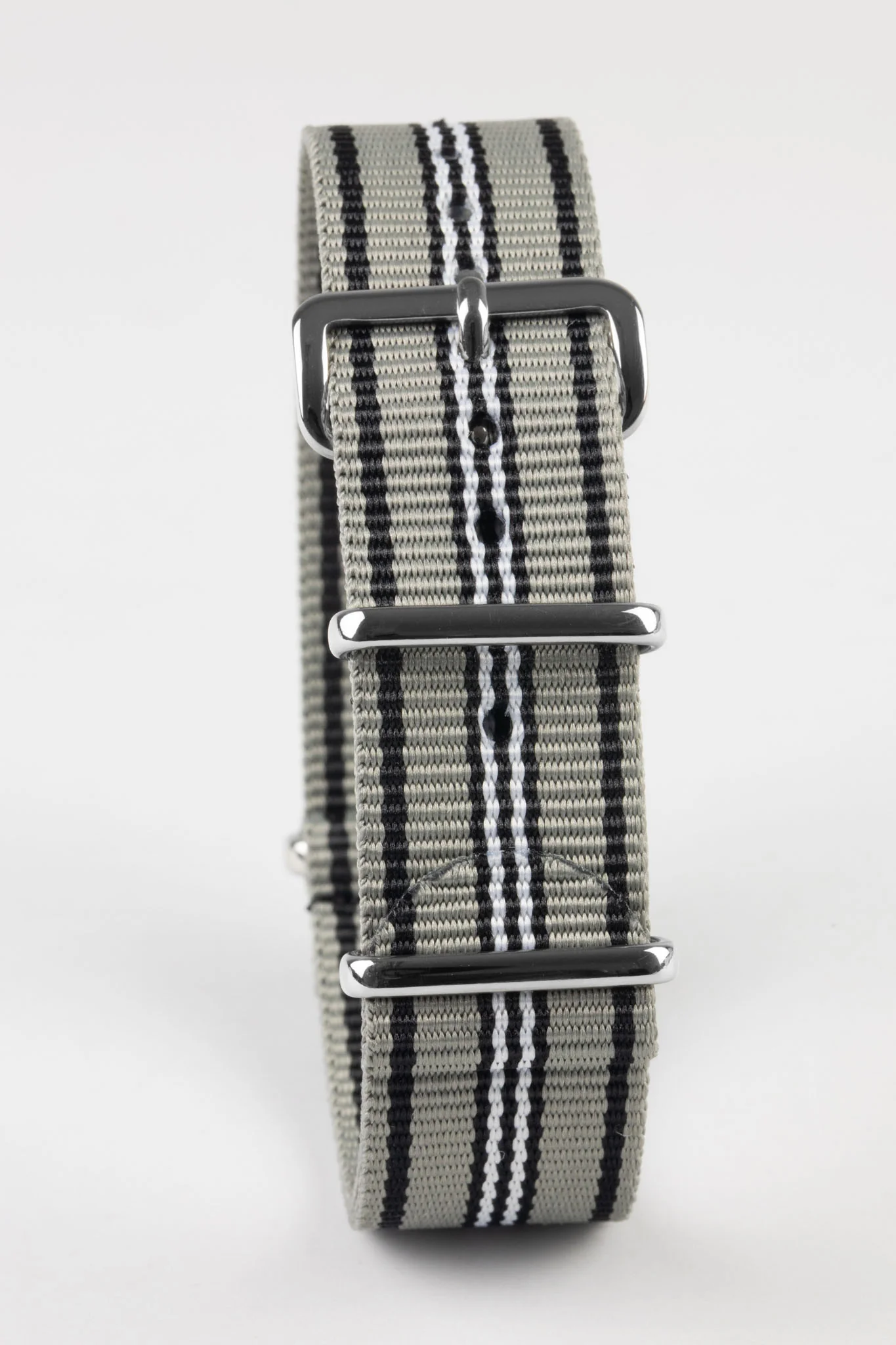 Nylon Watch Strap in GREY/BLACK/WHITE with Polished Buckle and Keepers - Image 3