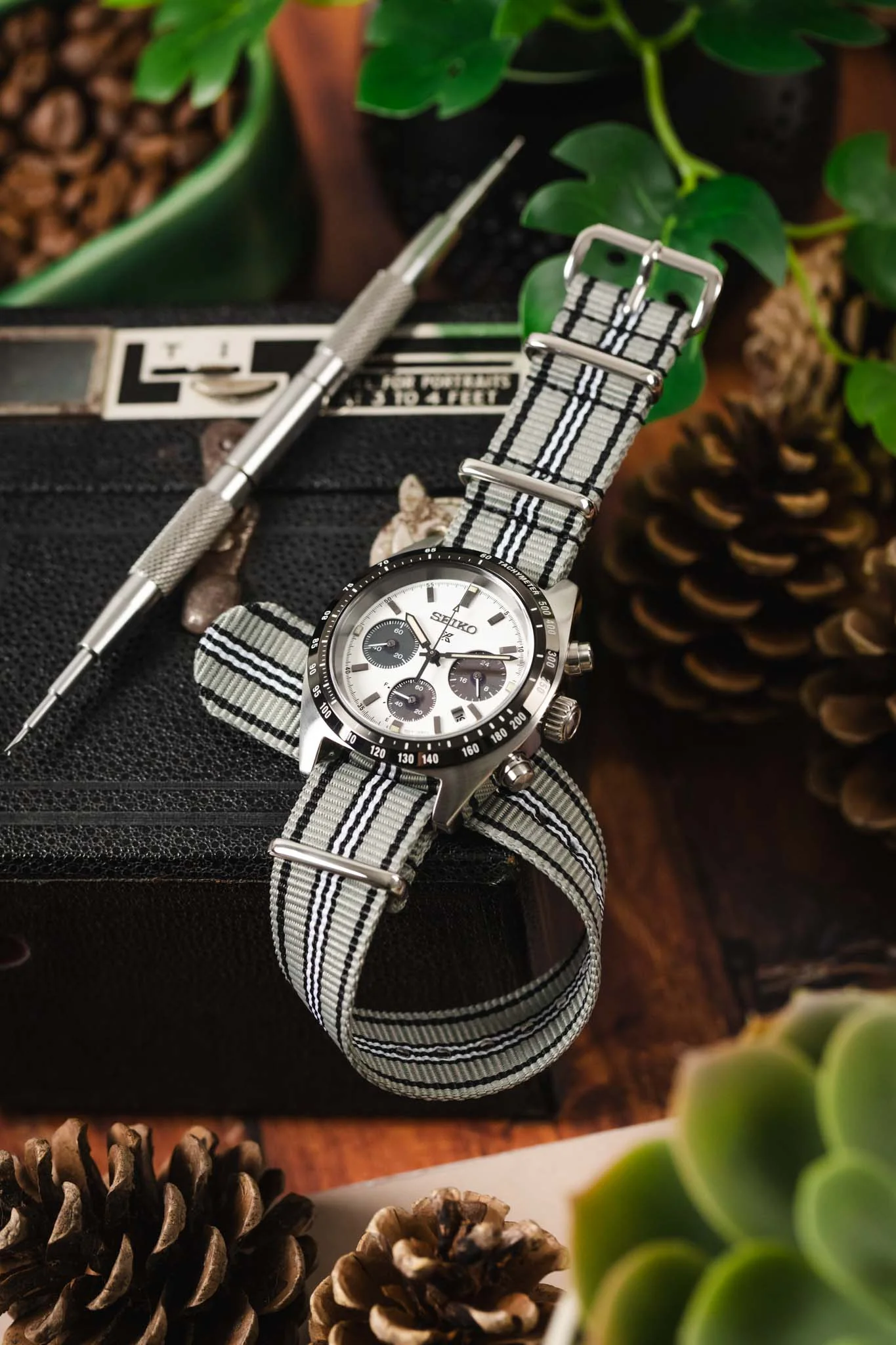 Nylon Watch Strap in GREY/BLACK/WHITE with Polished Buckle and Keepers - Image 4