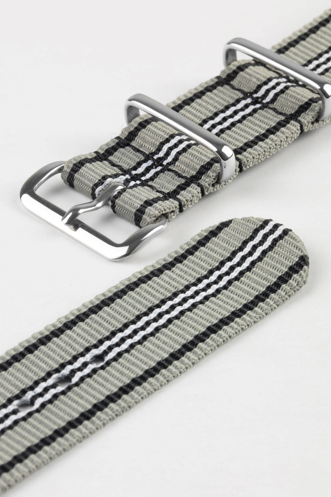 Nylon Watch Strap in GREY/BLACK/WHITE with Polished Buckle and Keepers - Image 5