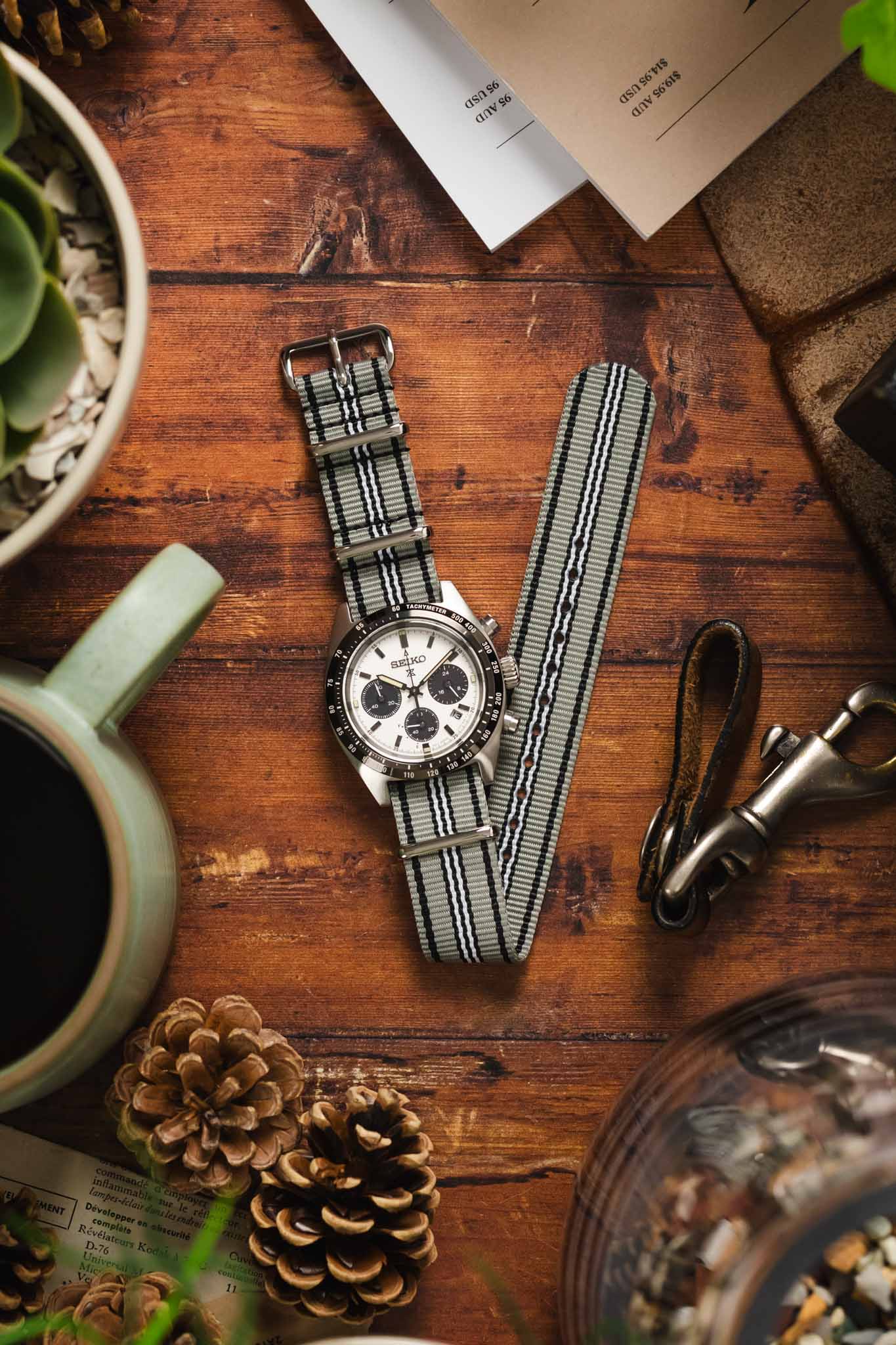 Nylon Watch Strap in GREY/BLACK/WHITE with Polished Buckle and Keepers - Image 6