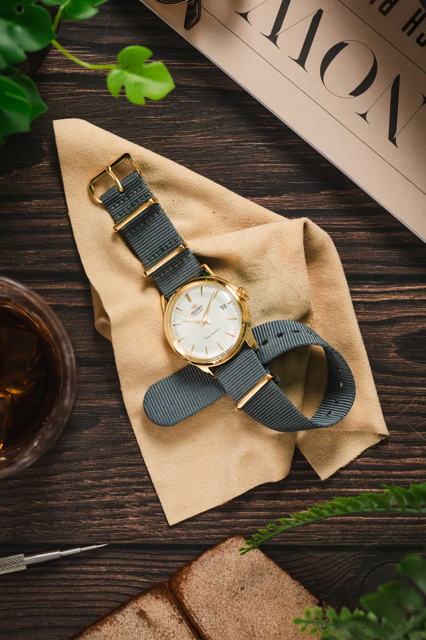 Nylon Watch Strap in GREY with Gold Buckle and Keepers - Image 6