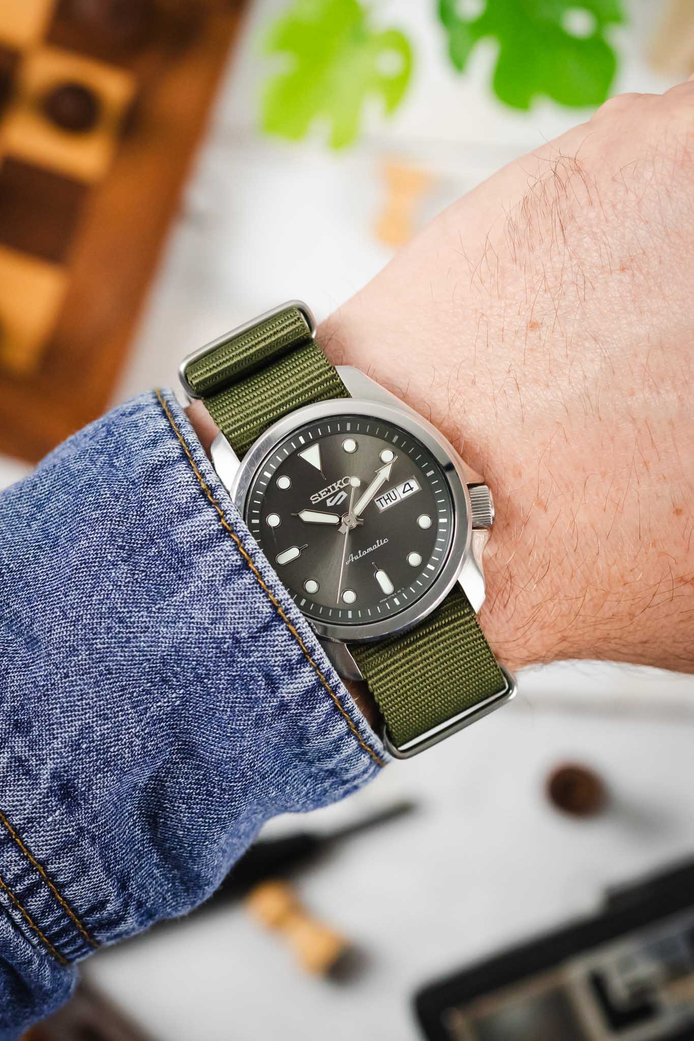 Nylon Watch Strap in OLIVE GREEN with Brushed Buckle & Keepers - Image 2