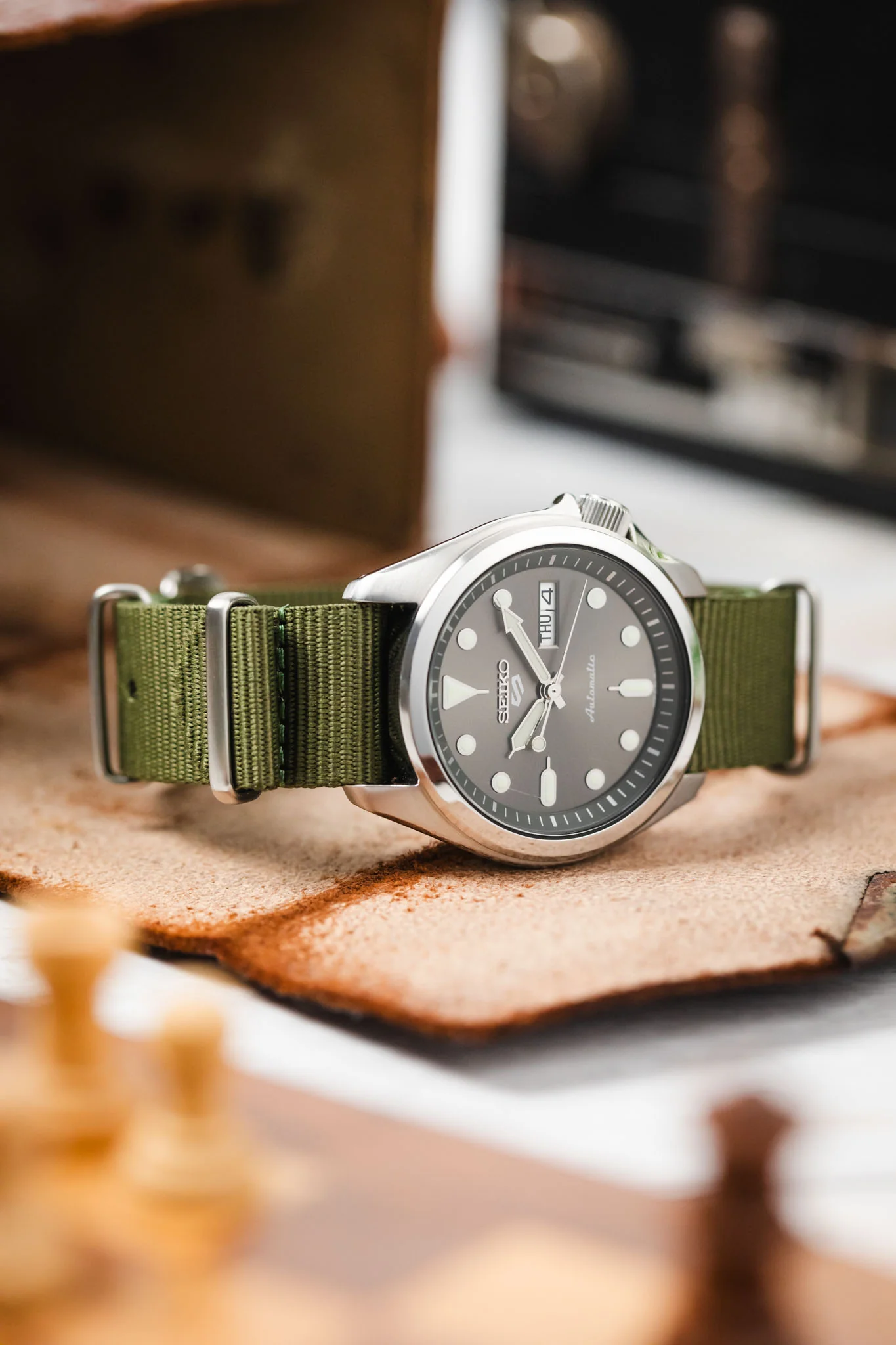 Nylon Watch Strap in OLIVE GREEN with Brushed Buckle & Keepers - Image 4