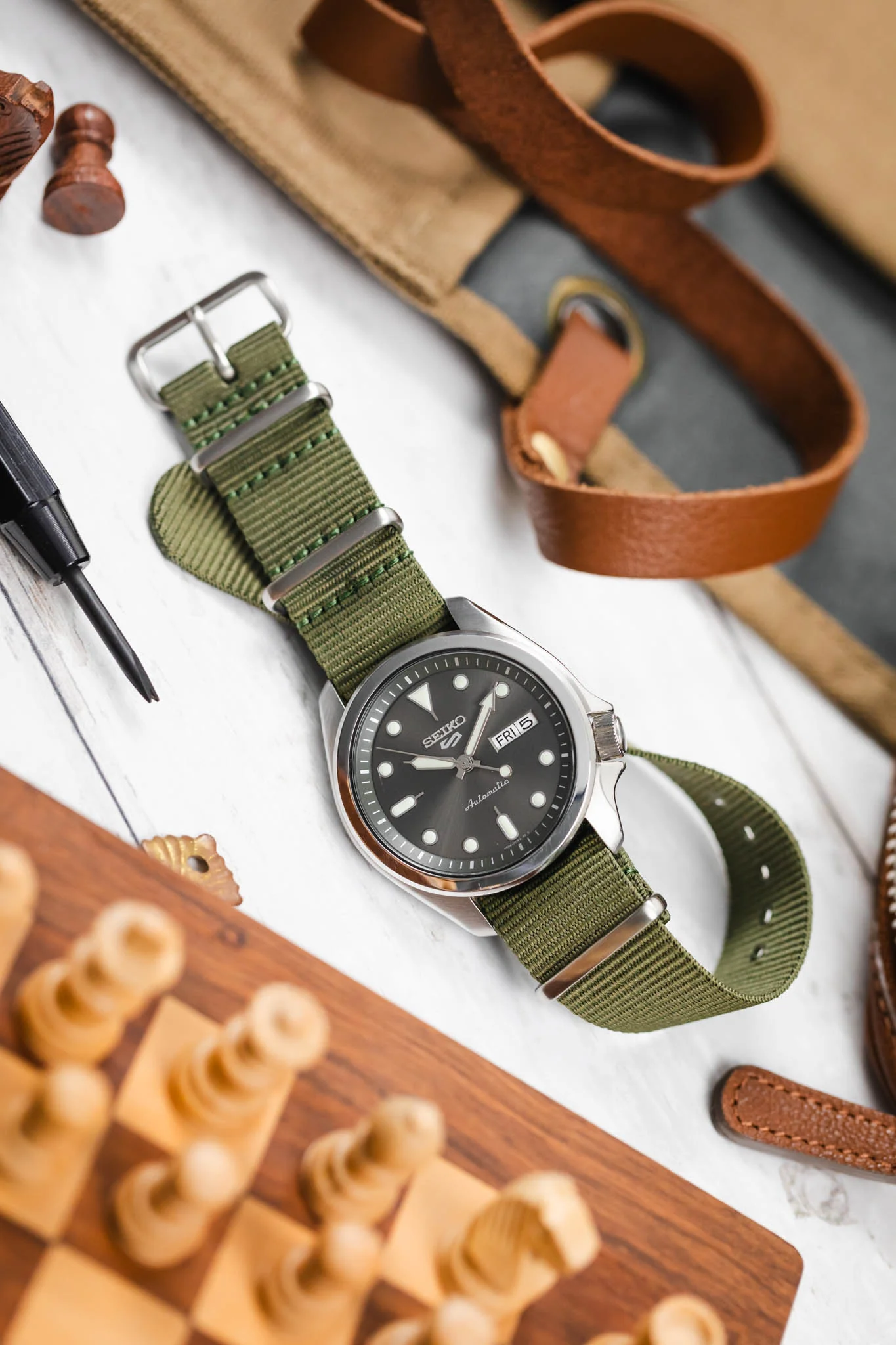 Nylon Watch Strap in OLIVE GREEN with Brushed Buckle & Keepers - Image 6