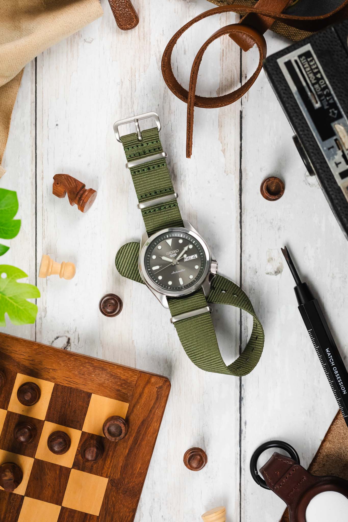 Nylon Watch Strap in OLIVE GREEN with Brushed Buckle & Keepers - Image 7