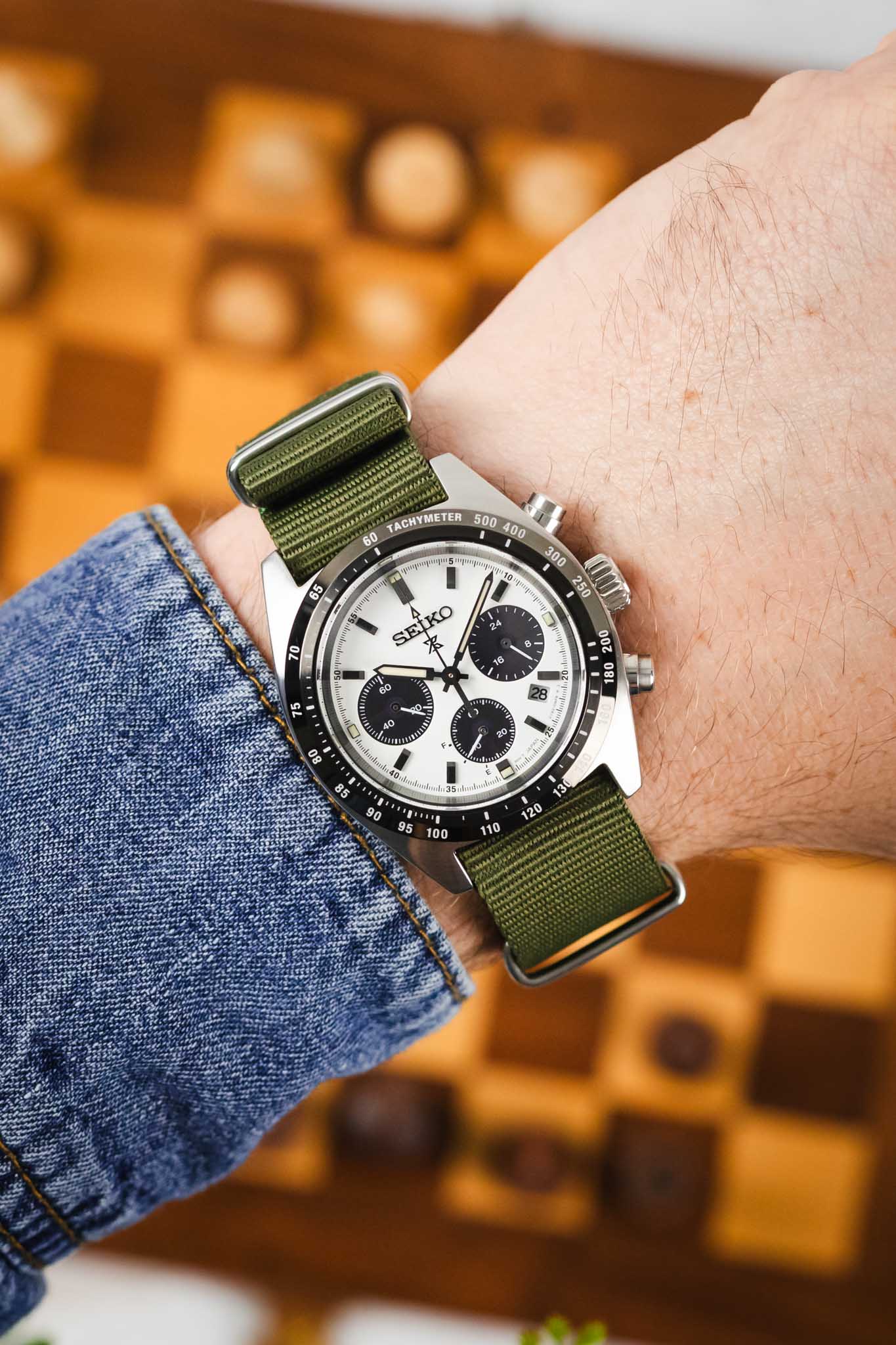 Nylon Watch Strap in OLIVE GREEN with Polished Buckle & Keepers - Image 2