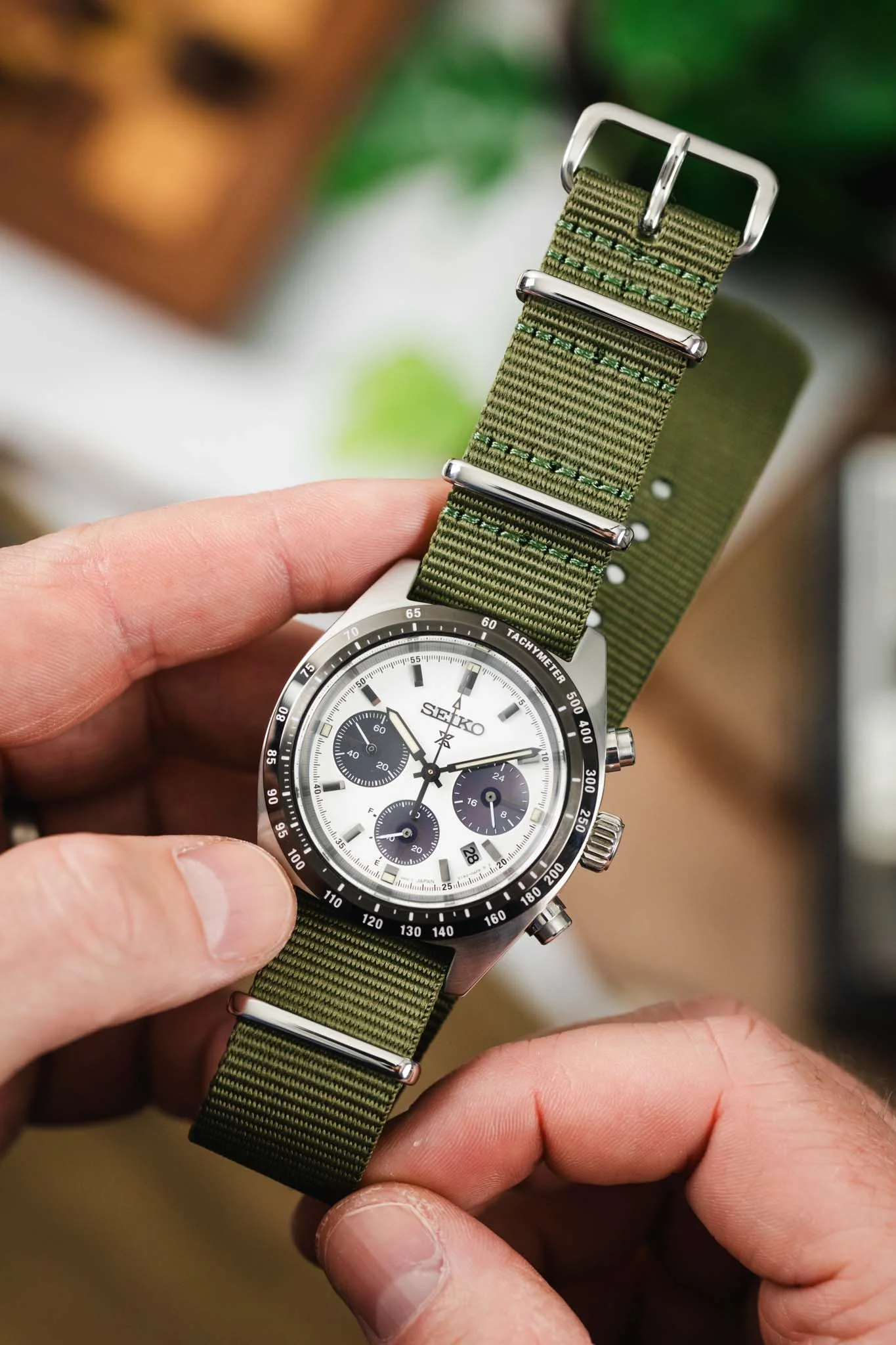 Nylon Watch Strap in OLIVE GREEN with Polished Buckle & Keepers - Image 6