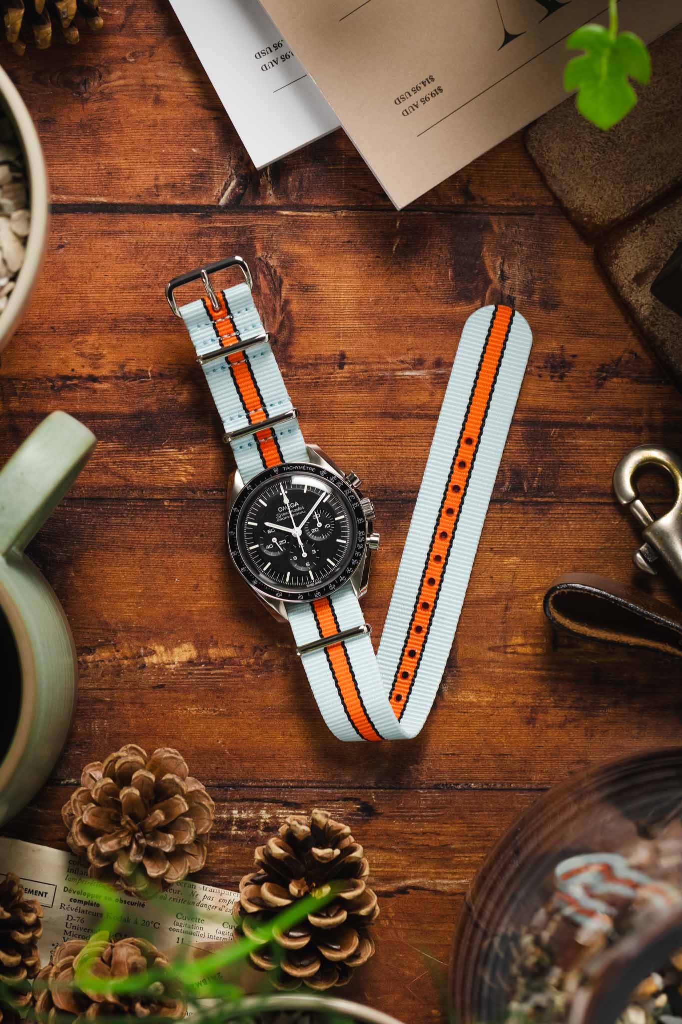 Nylon Watch Strap in PALE BLUE / ORANGE Motorsport Stripes with Polished Buckle & Keepers - Image 10