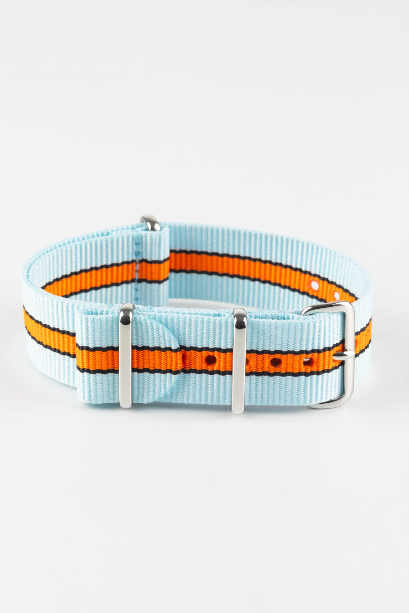 Nylon Watch Strap in PALE BLUE / ORANGE Motorsport Stripes with Polished Buckle & Keepers - Image 3