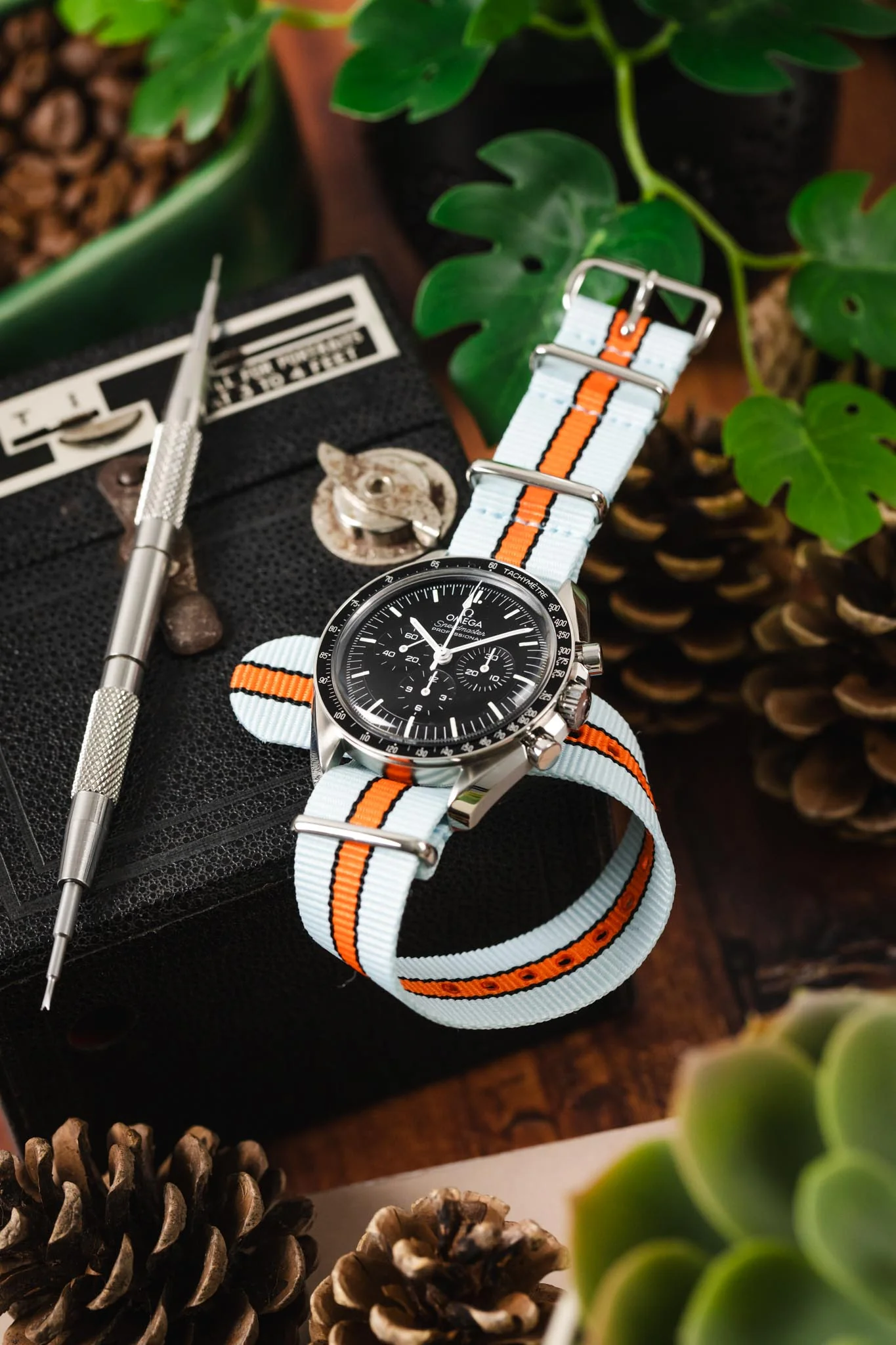 Nylon Watch Strap in PALE BLUE / ORANGE Motorsport Stripes with Polished Buckle & Keepers - Image 4