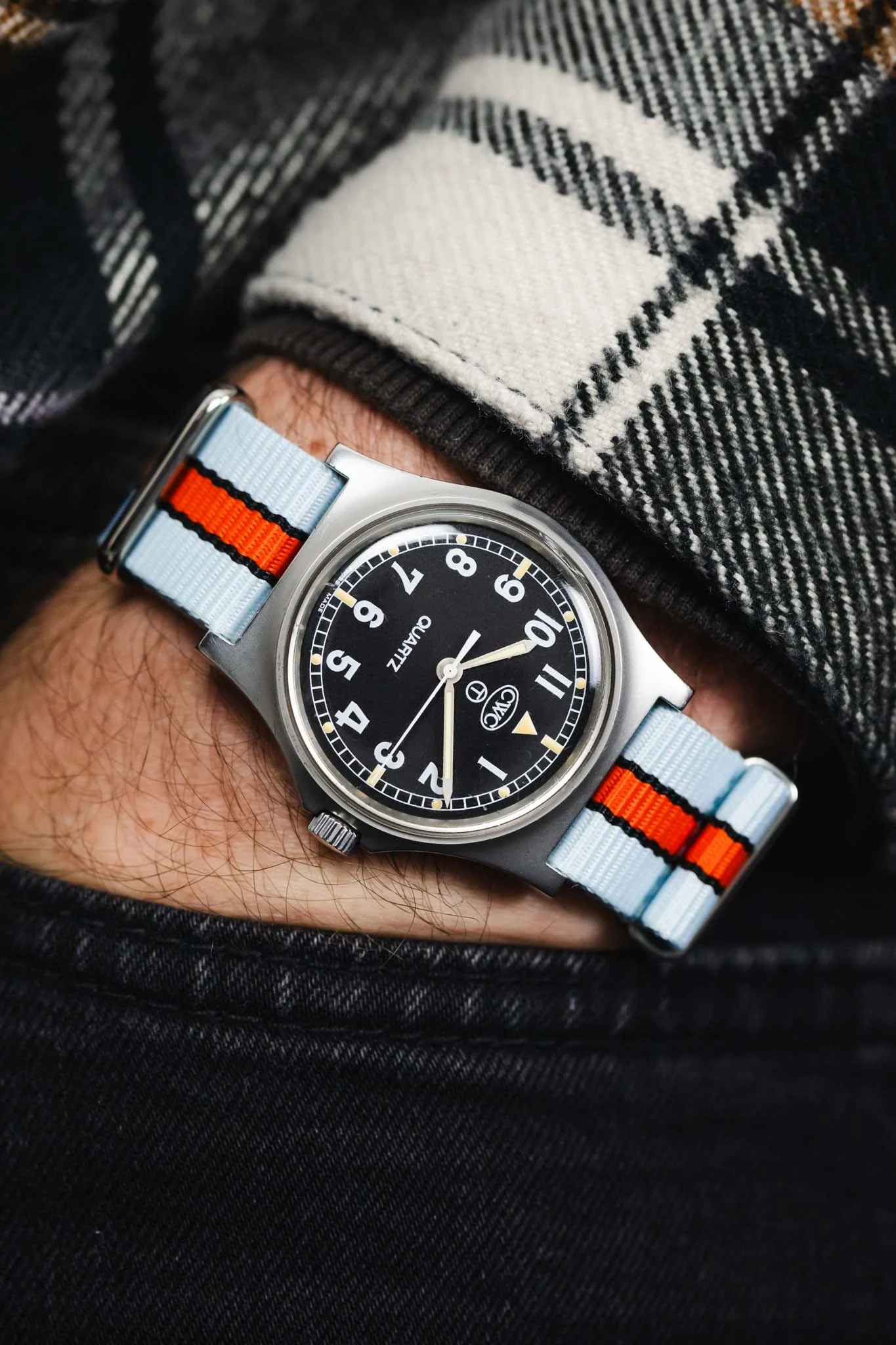 Nylon Watch Strap in PALE BLUE / ORANGE Motorsport Stripes with Polished Buckle & Keepers - Image 6