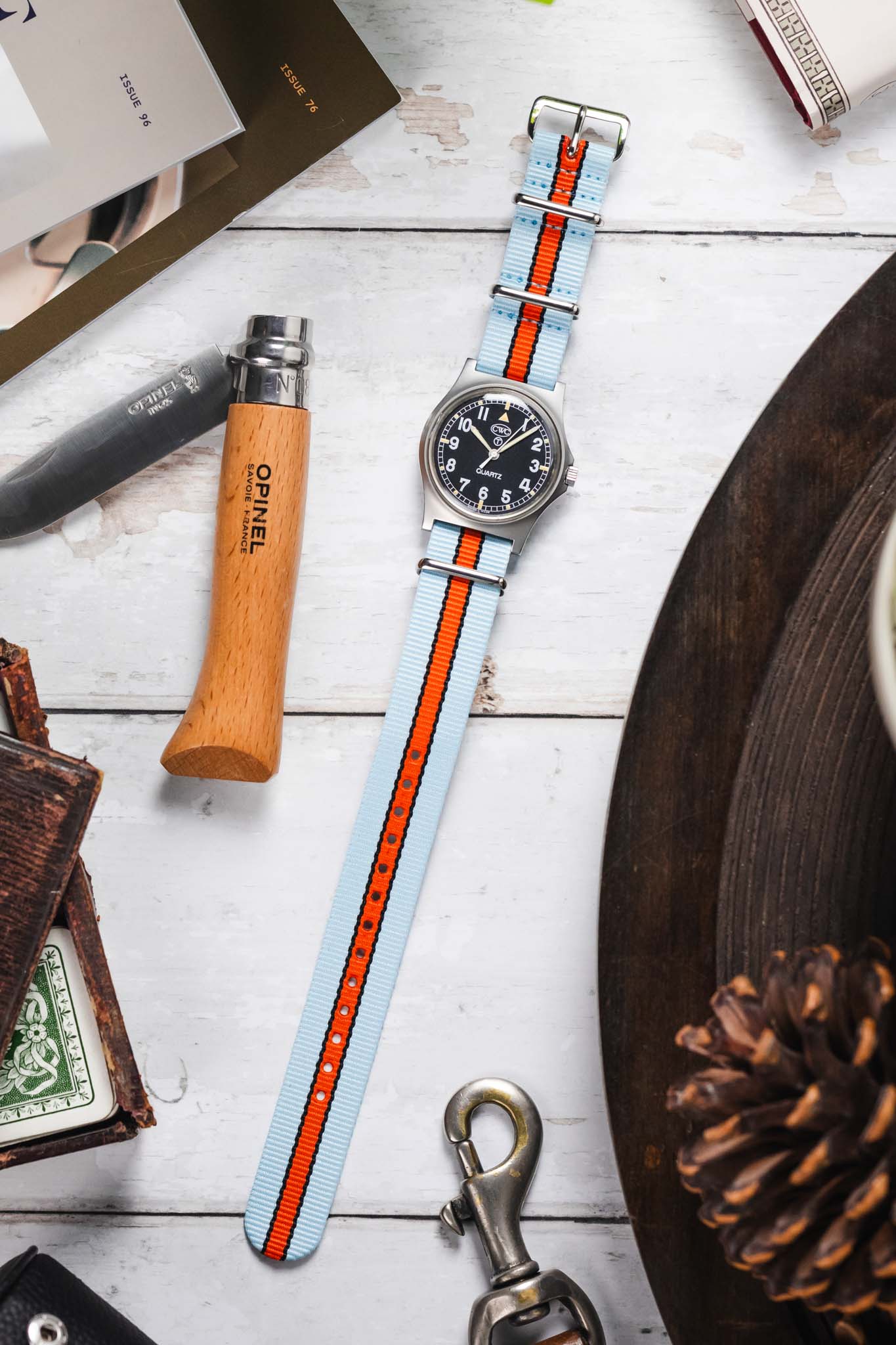 Nylon Watch Strap in PALE BLUE / ORANGE Motorsport Stripes with Polished Buckle & Keepers - Image 7