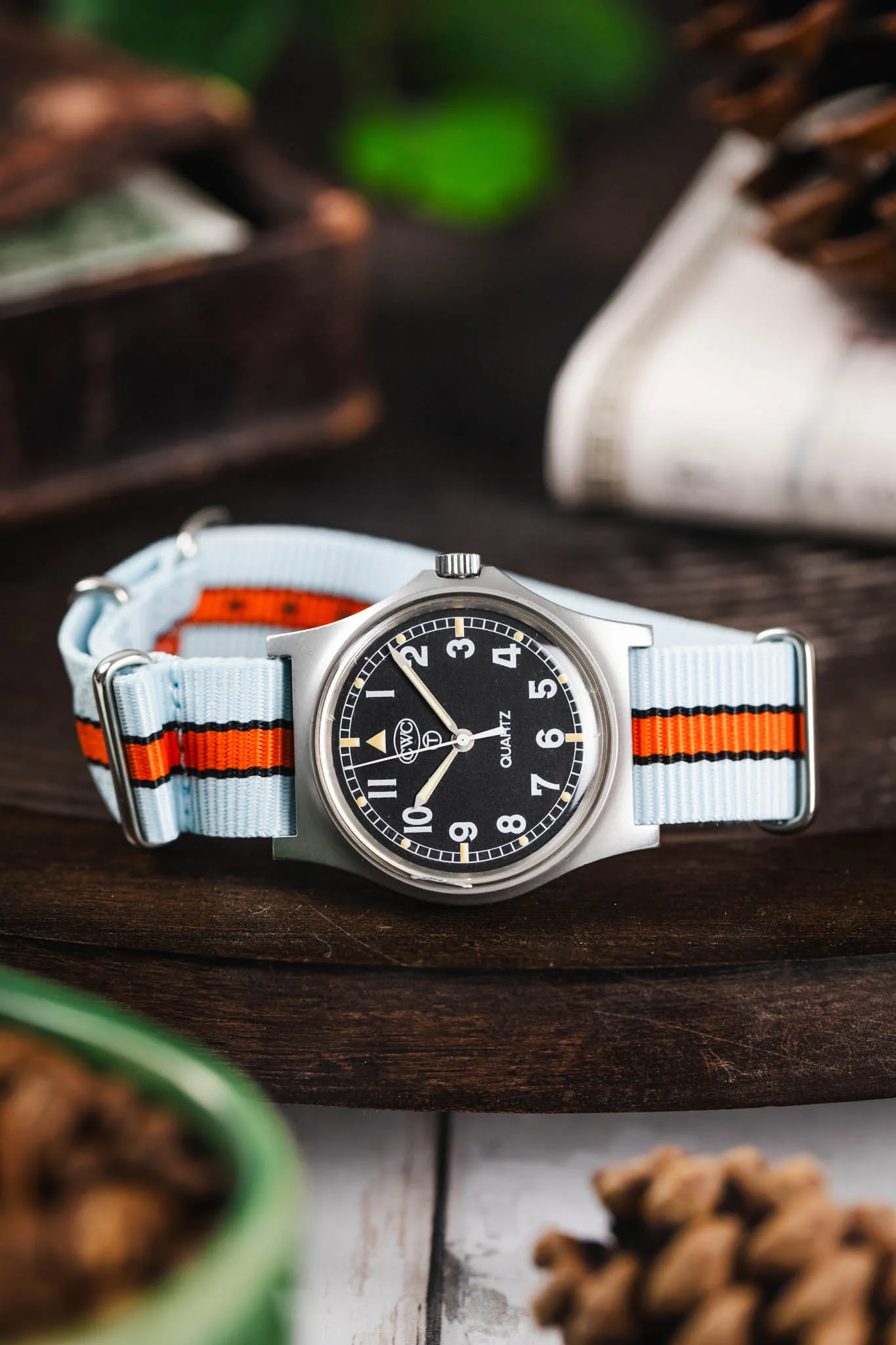 Nylon Watch Strap in PALE BLUE / ORANGE Motorsport Stripes with Polished Buckle & Keepers - Image 8