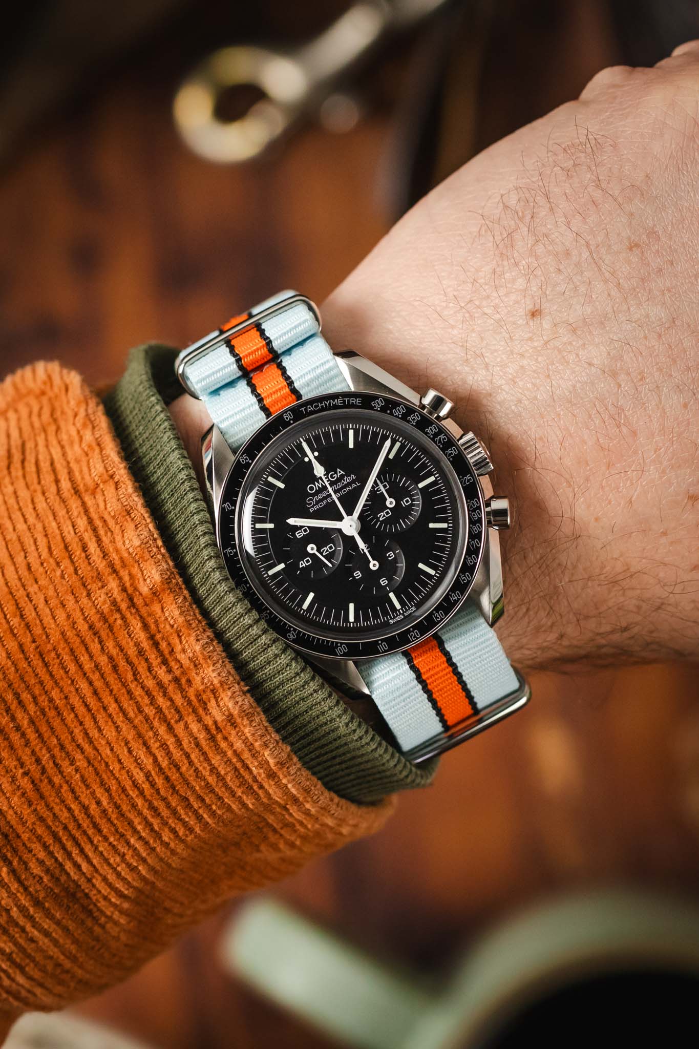 Nylon Watch Strap in PALE BLUE / ORANGE Motorsport Stripes with Polished Buckle & Keepers - Image 9