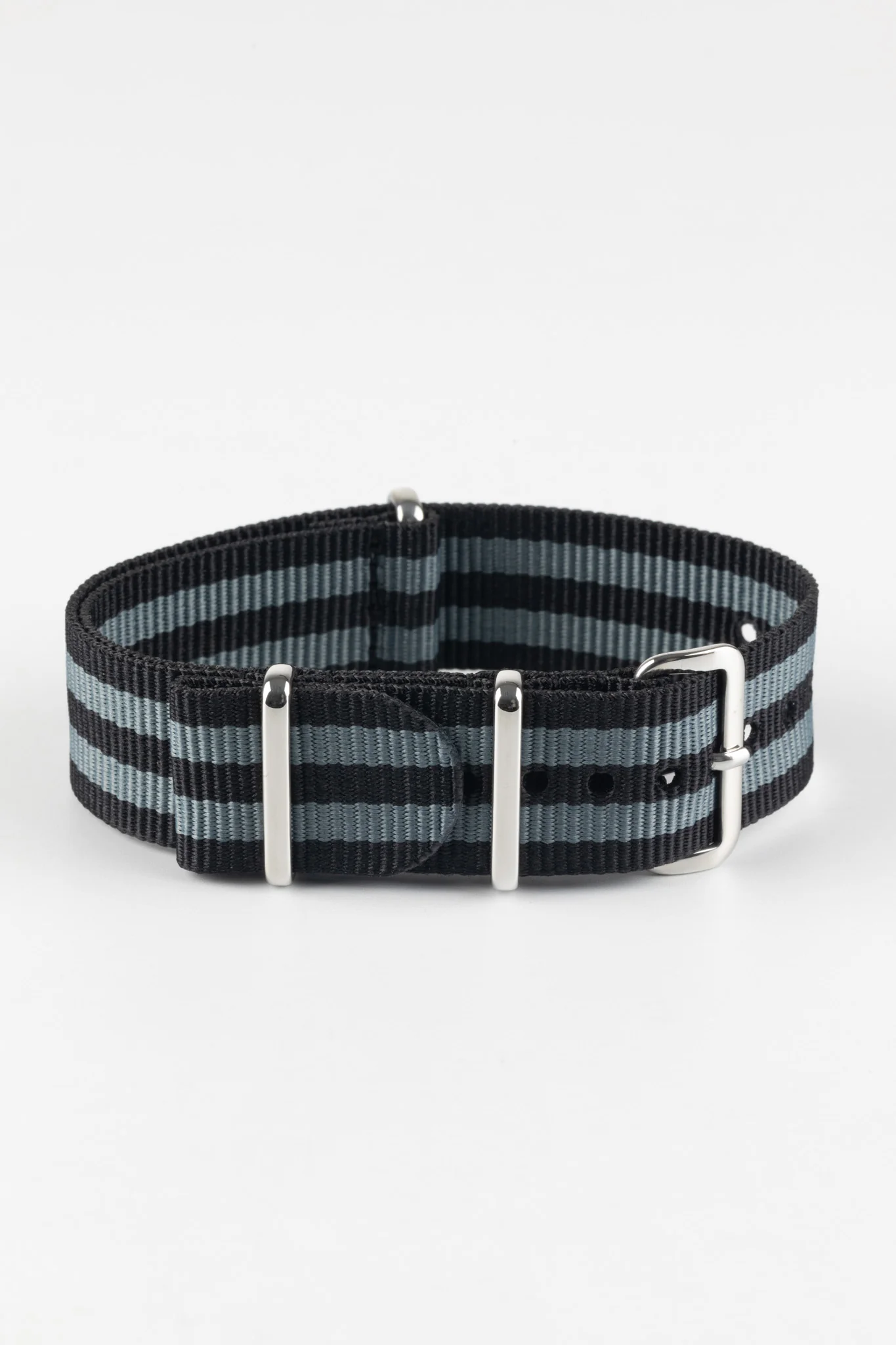 Nylon Watch Strap in BLACK / GREY Stripes with Polished Buckle & Keepers - Image 3