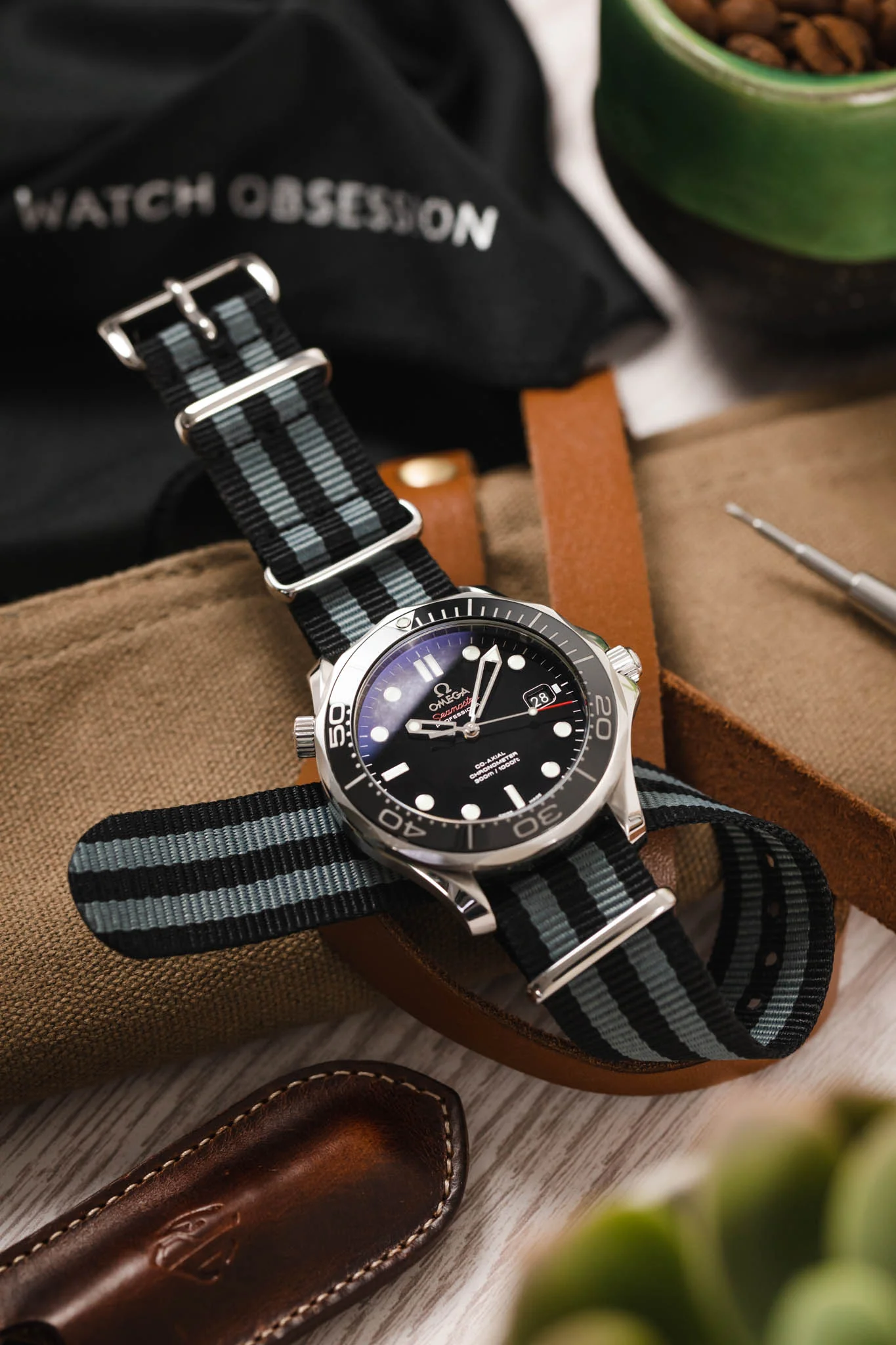 Nylon Watch Strap in BLACK / GREY Stripes with Polished Buckle & Keepers - Image 4