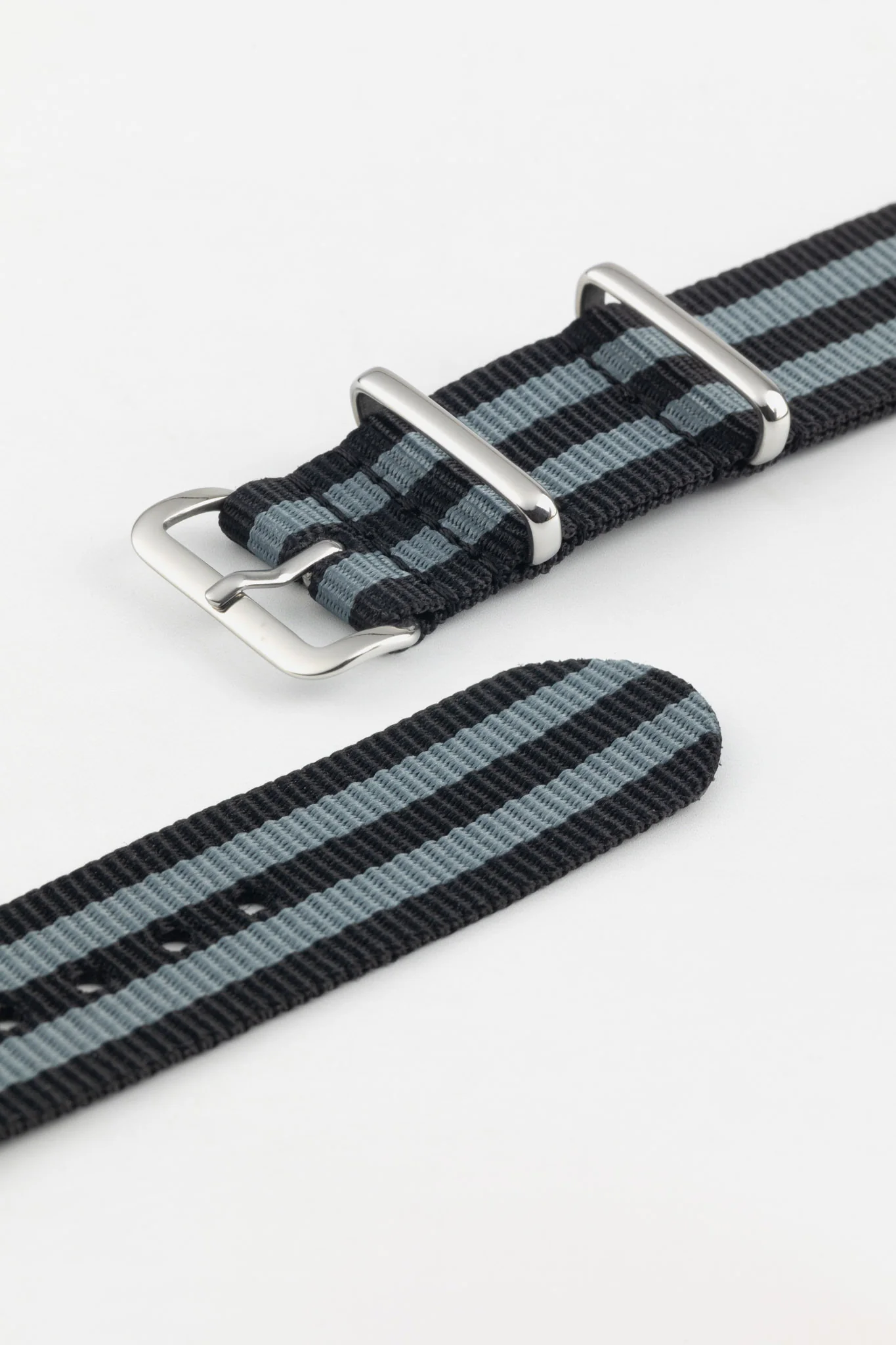 Nylon Watch Strap in BLACK / GREY Stripes with Polished Buckle & Keepers - Image 5