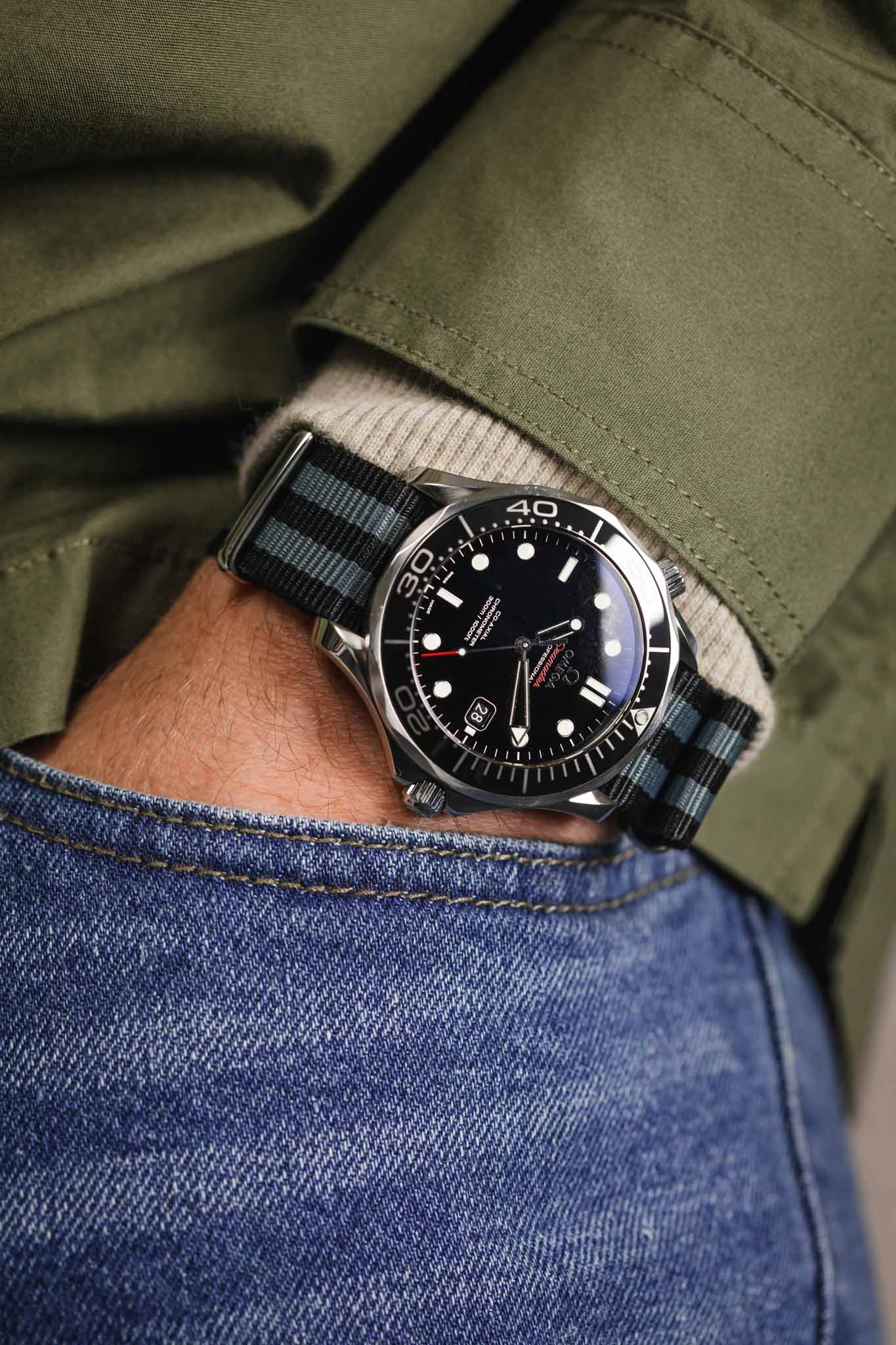Nylon Watch Strap in BLACK / GREY Stripes with Polished Buckle & Keepers - Image 6