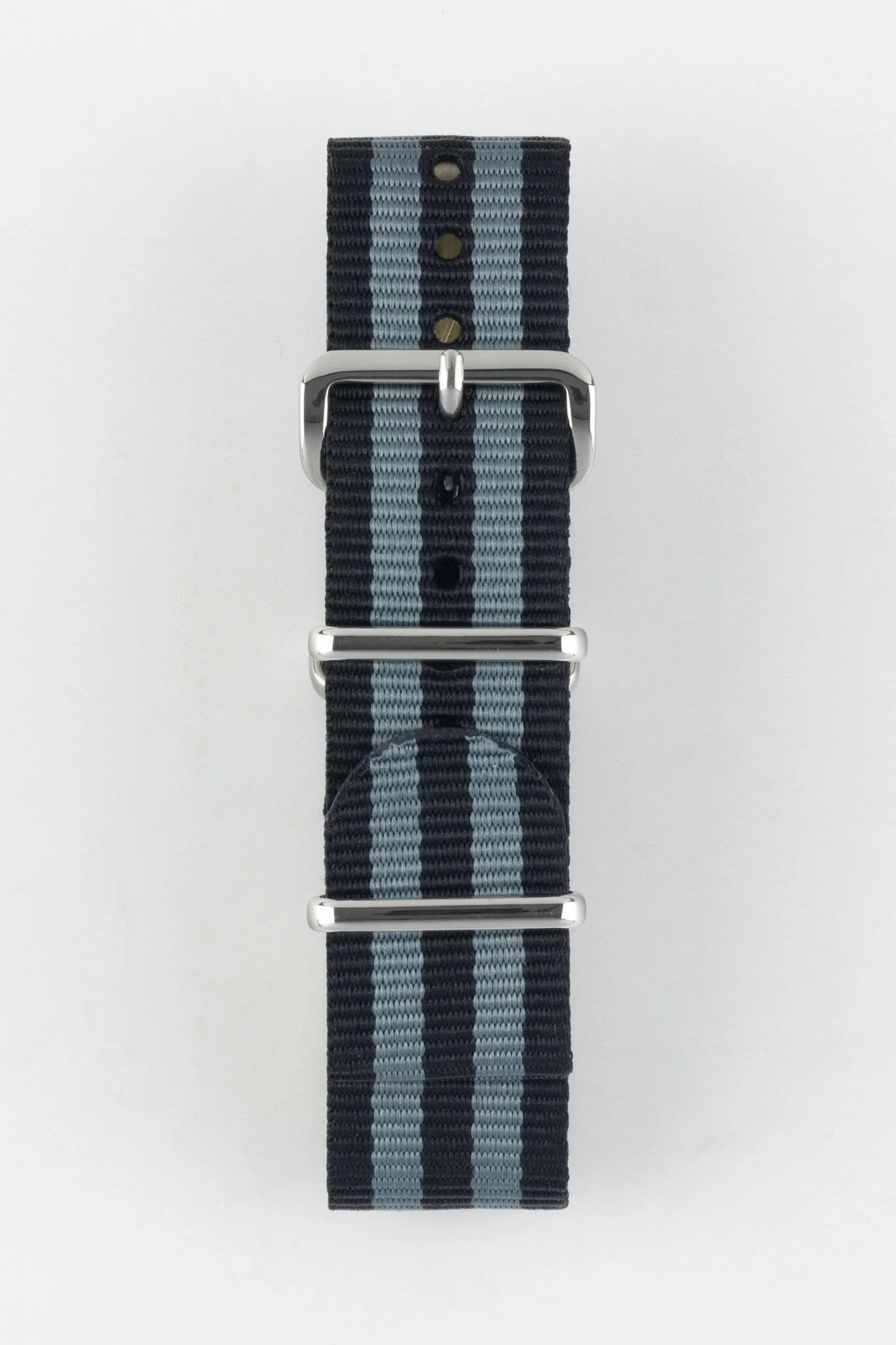Nylon Watch Strap in BLACK / GREY Stripes with Polished Buckle & Keepers - Image 7
