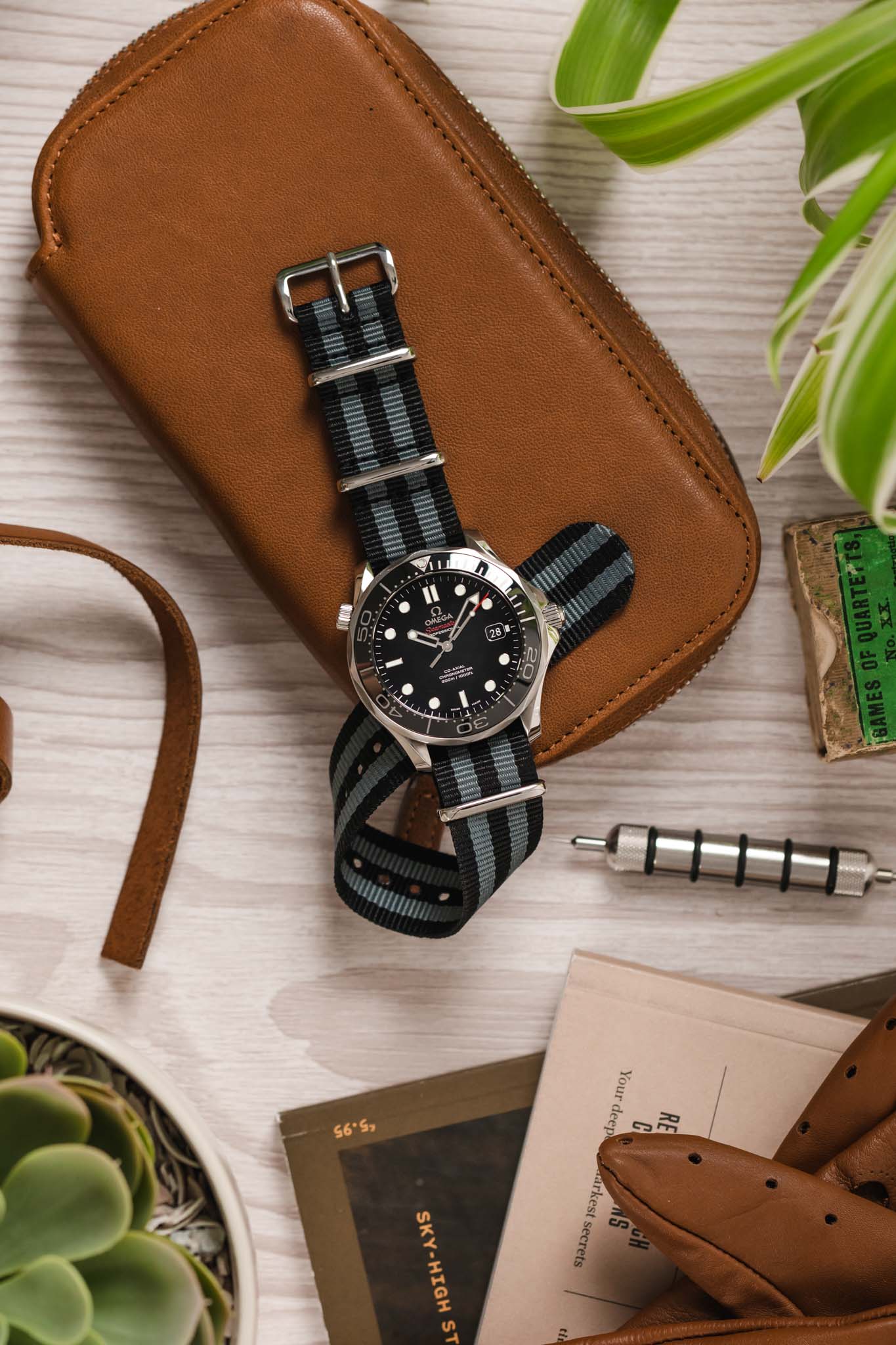 Nylon Watch Strap in BLACK / GREY Stripes with Polished Buckle & Keepers - Image 8