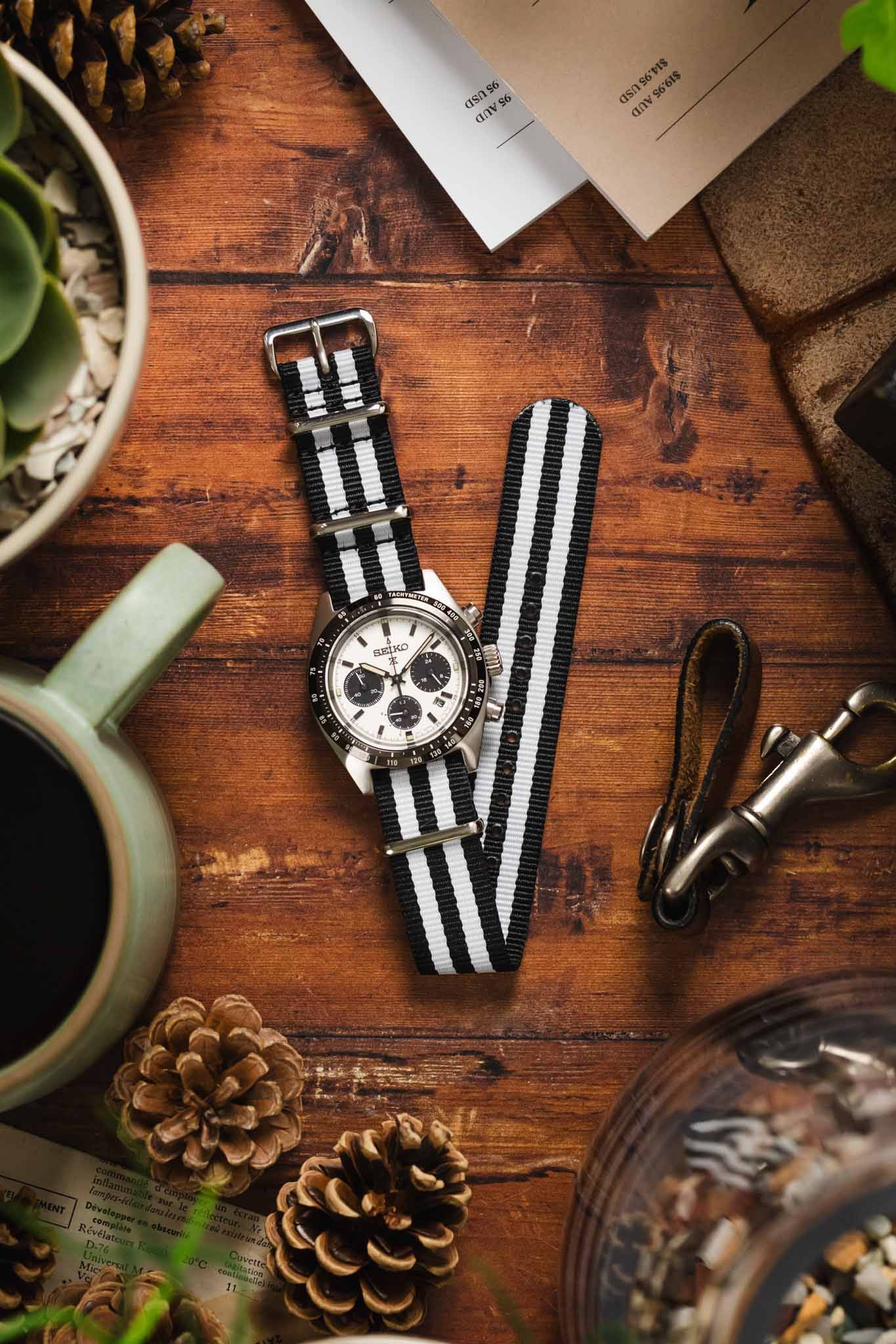 Nylon Watch Strap in BLACK with WHITE Stripes - Image 6